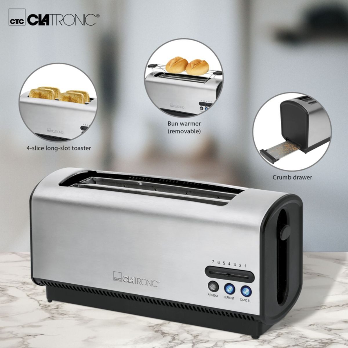 CLATRONIC Toaster TA 3687 inox 4 Scheiben-Langschlitztoaster