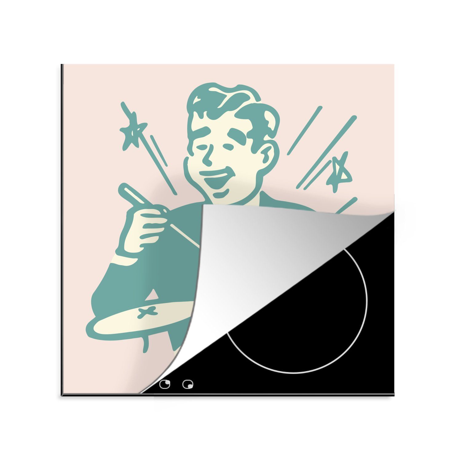 MuchoWow Herdblende-/Abdeckplatte Illustration eines Mannes hinter einem Schlagzeug, Vinyl, (1 tlg), 78x78 cm, Ceranfeldabdeckung, Arbeitsplatte für küche