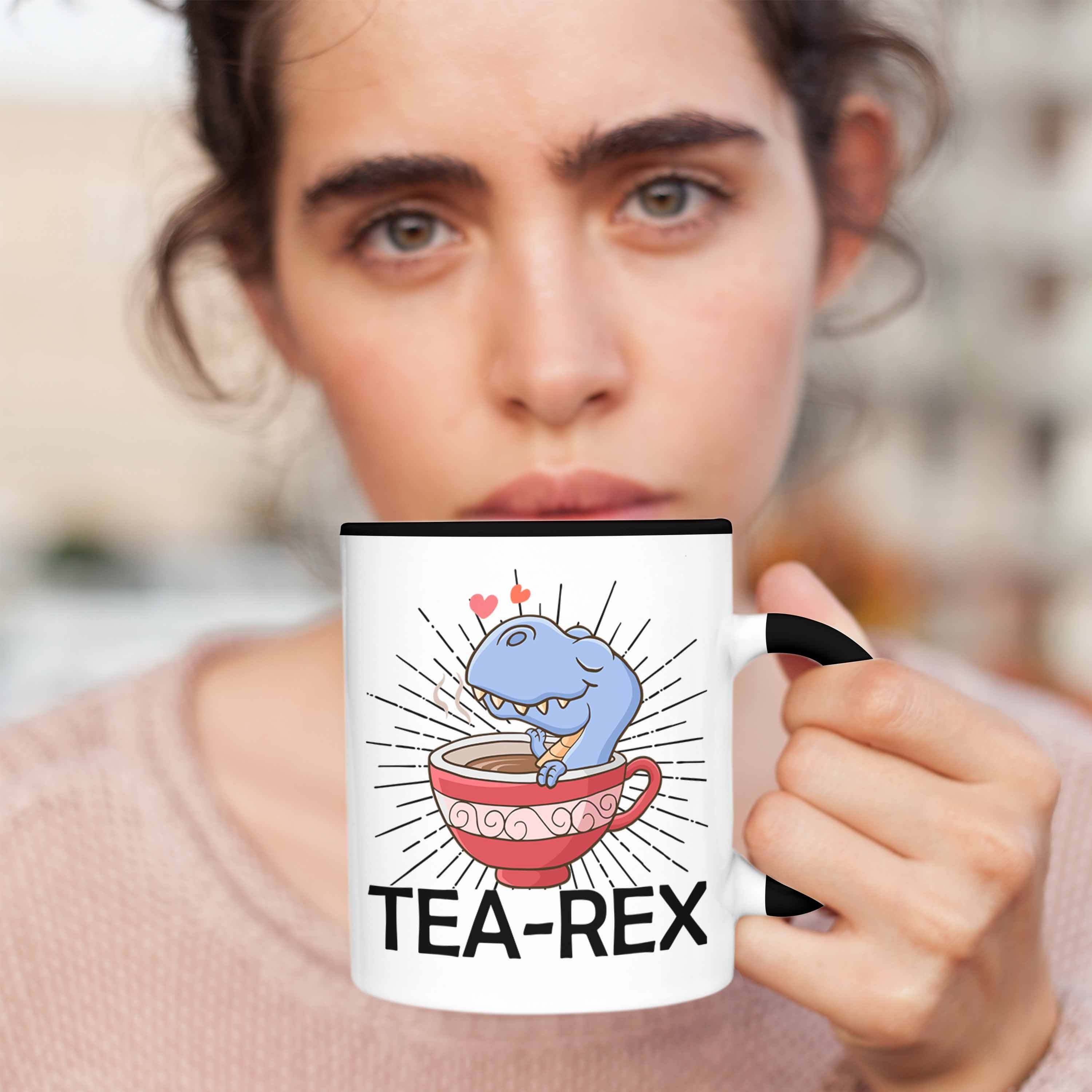 Trendation Tasse Trendation - Tea Dinosaurier Geschenkidee Schwarz Wortspiel Tasse Geschenk Rex T-Rex