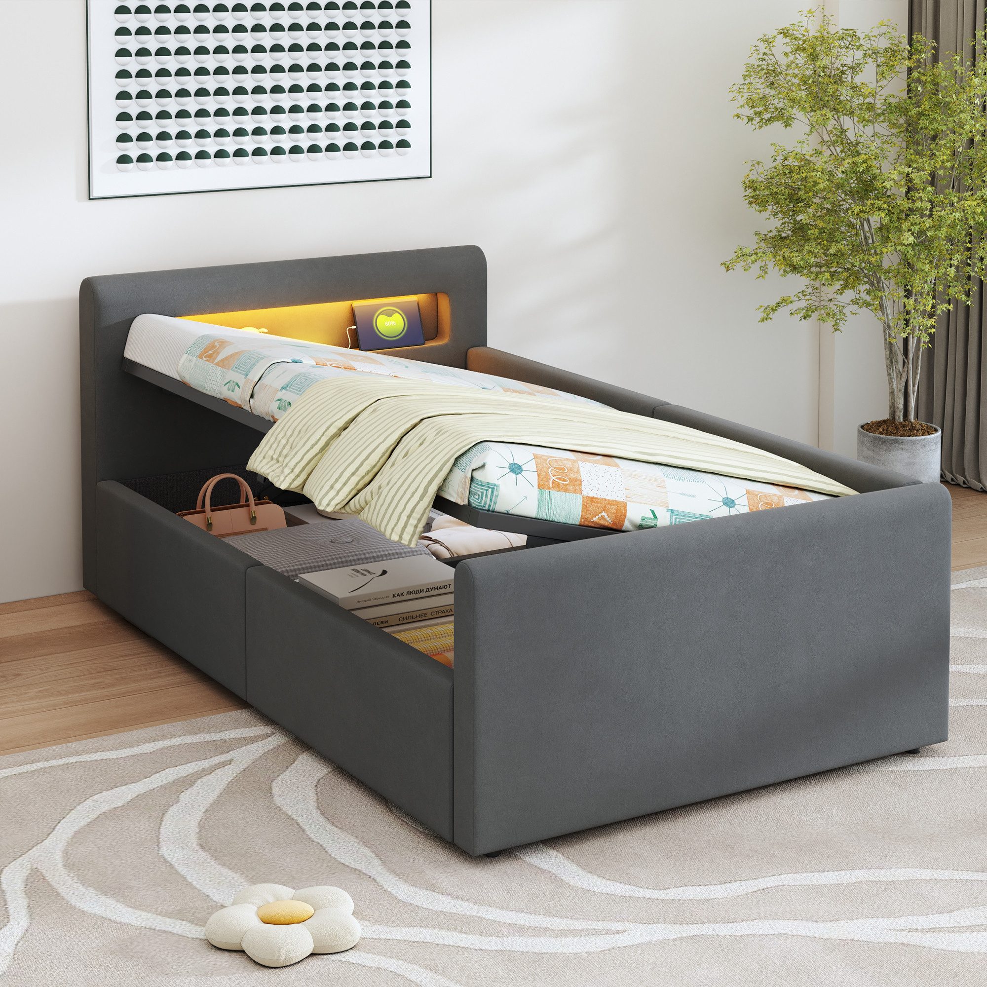 Celya Polsterbett Kinderbett, Mit LED-Licht, Mit Nachtlicht und USB-Ladeanschluss (Ohne Matratze, Jungen- und Mädchenbetten, Samtstoff), …