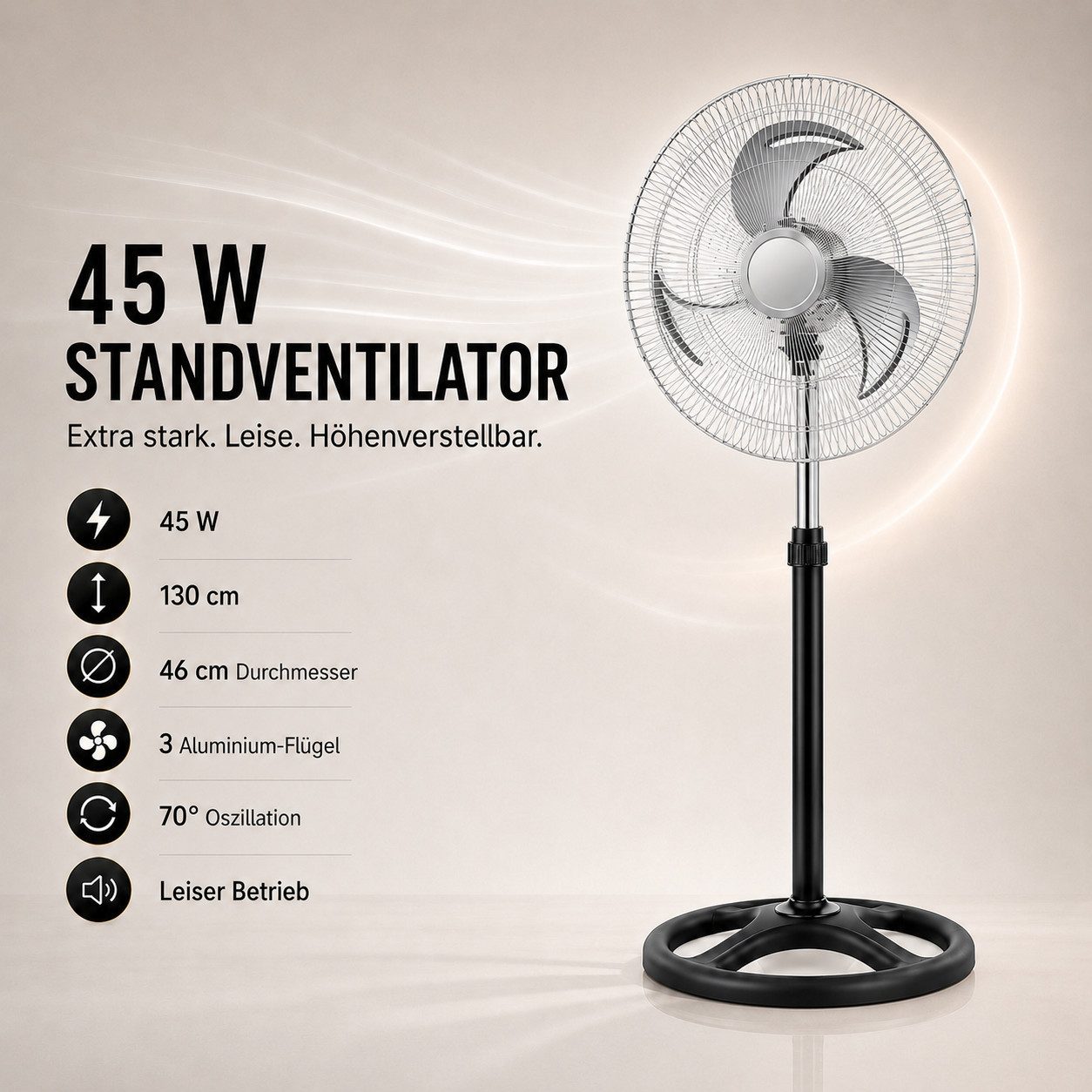 Ertex Standventilator Stand Ventilator 45W Metro 130cm Höhe Turmventilator Kühler STARK