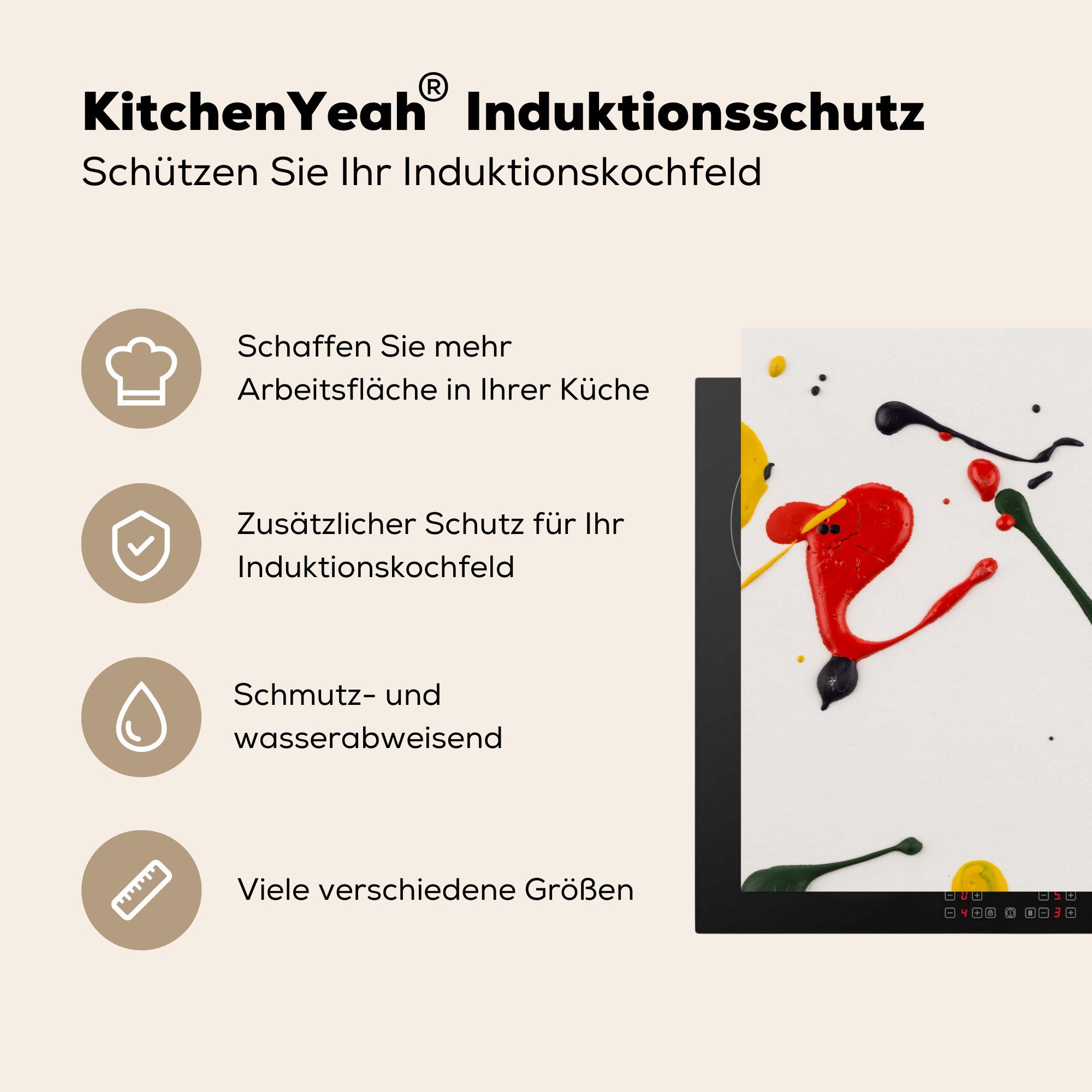 tlg), Herdblende-/Abdeckplatte 81x52 Kunstwerk küche, bunten Induktionskochfeld Schutz Vinyl, die aus Farbtropfen, cm, für MuchoWow Ceranfeldabdeckung (1