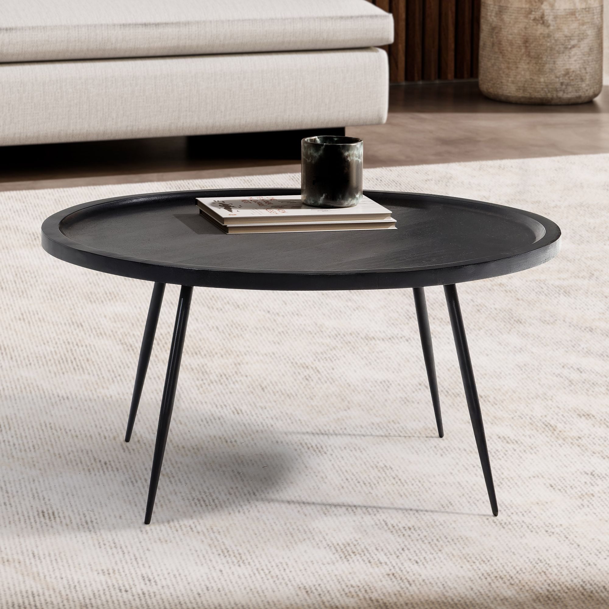 FINEBUY Couchtisch FB106214 Massivholz rund Ø 75 cm Schwarz Moderner Wohnzi günstig online kaufen