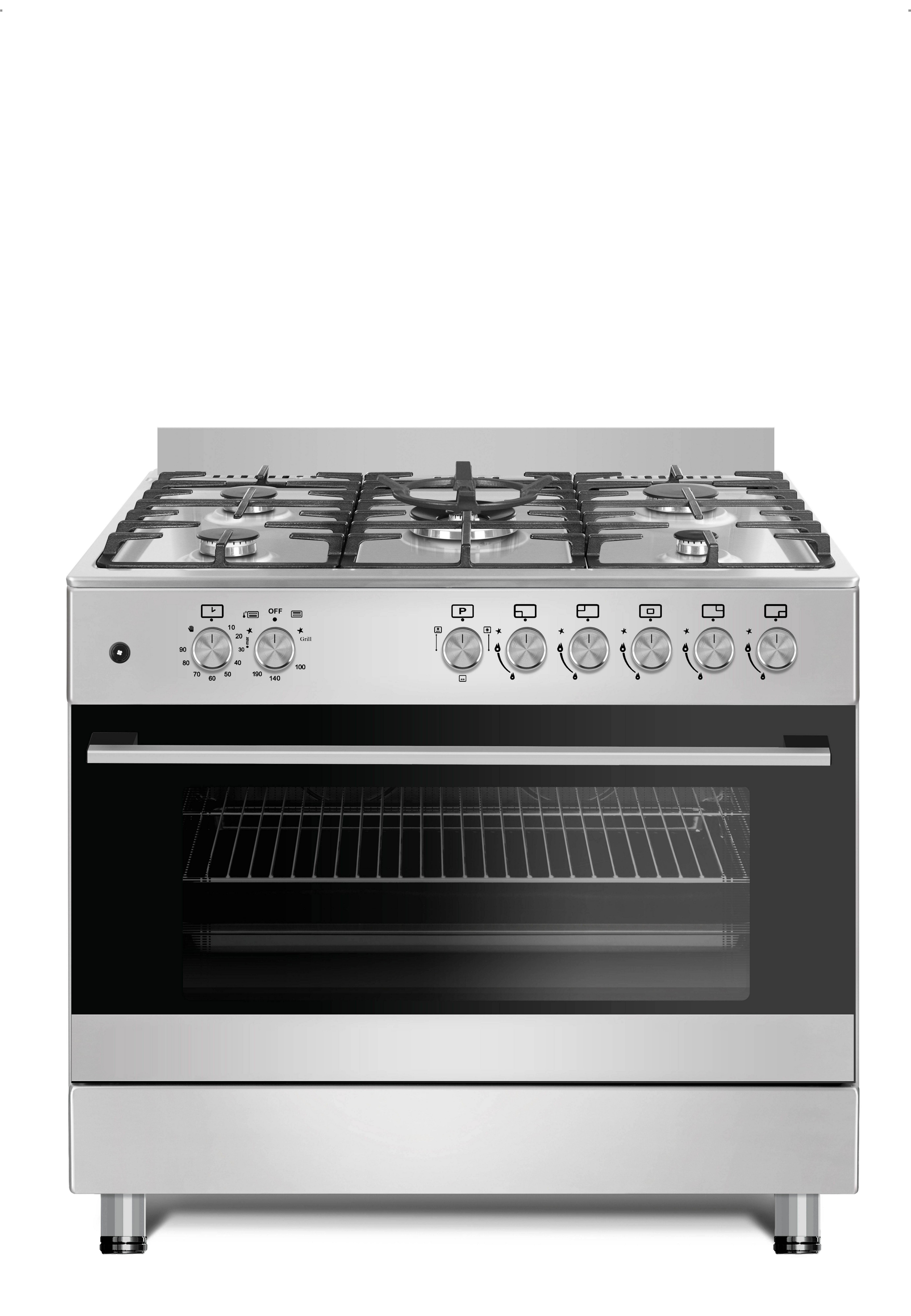 Gasline Gas-Standherd mit Gasbackofen GAG90GOINX, mit 1-fach-Teleskopauszug, 90 cm breit mit WOK Brenner und Drehspieß
