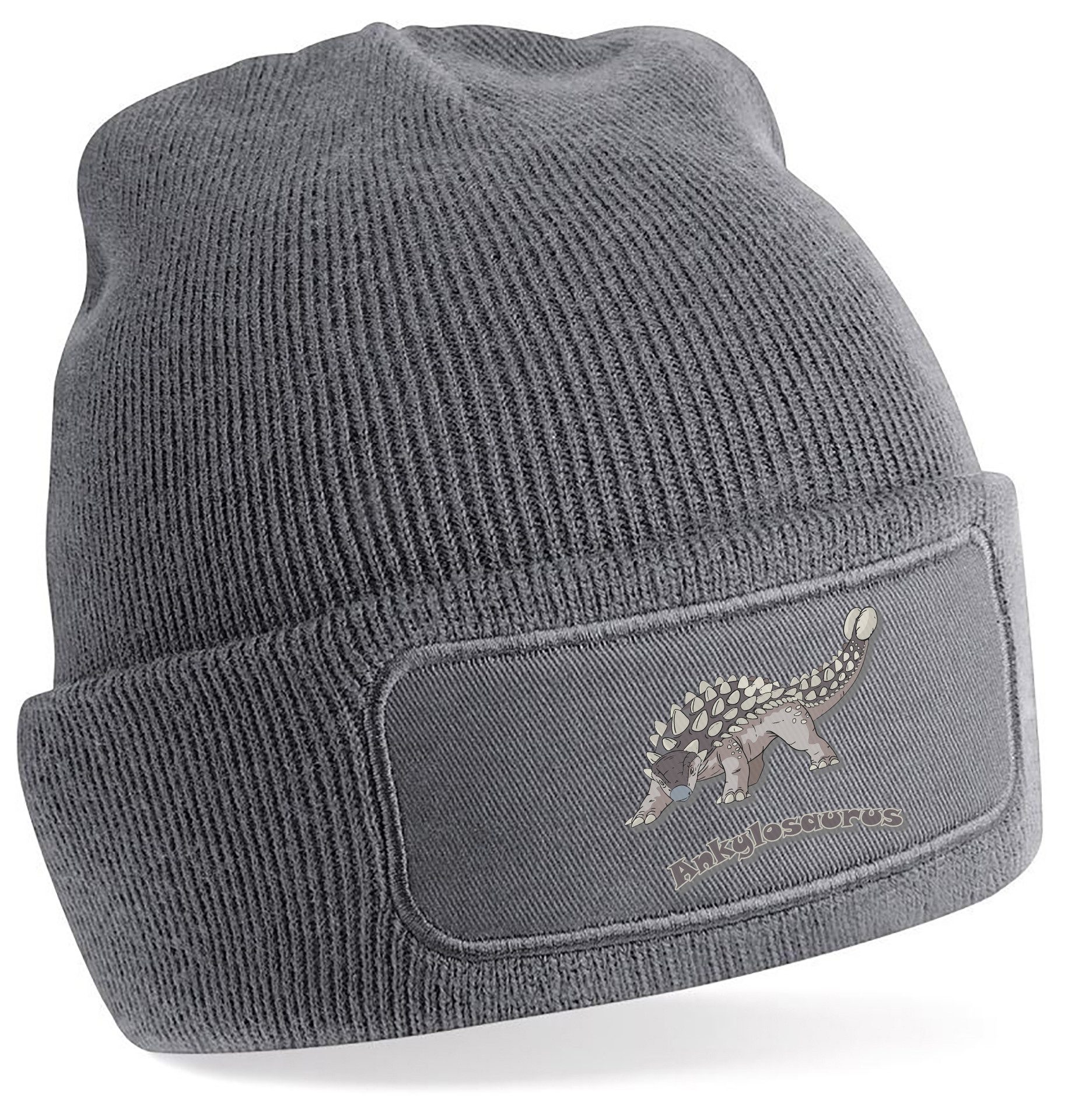 MyDesign24 Strickmütze für kalte Tage - Beanie mit Umschlag und Ankylosaurus Print Coole Dino Mütze Wintermütze i63