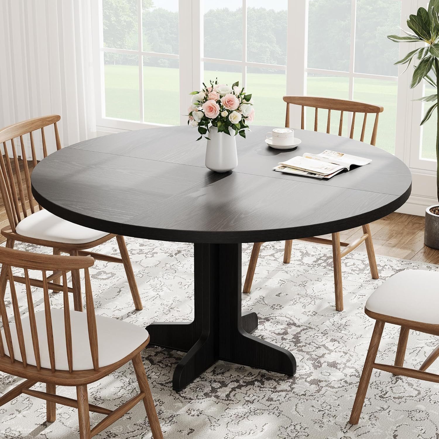 GarveeMore Esstisch Runder mit Holztischplatte und stabilem Fuß 4 Personen,120cm, Küchentische aus Holz für Esszimmer,Küche,Wohnzimmer – Bild 5 von 5