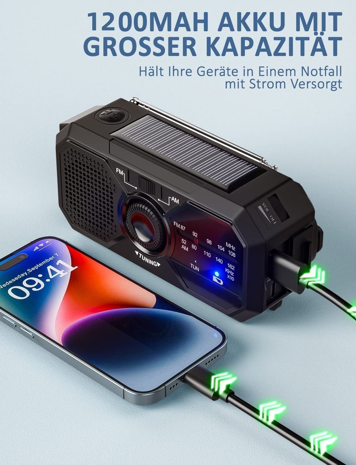 (FM) Handkurbelradio,Powerbank,mit LED-Taschenlampe,SOS 1200 Solar mAh Notfallradio Welikera