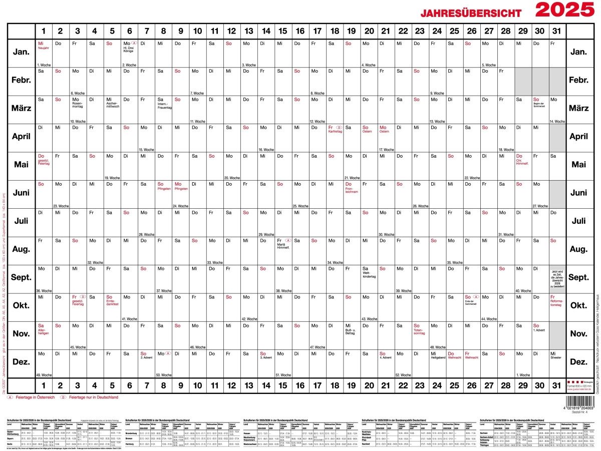 GÜSS Kalender Jahresplaner Jahresübersicht 96,1x60cm quer Kalendarium 2025, Sonn und Feiertage