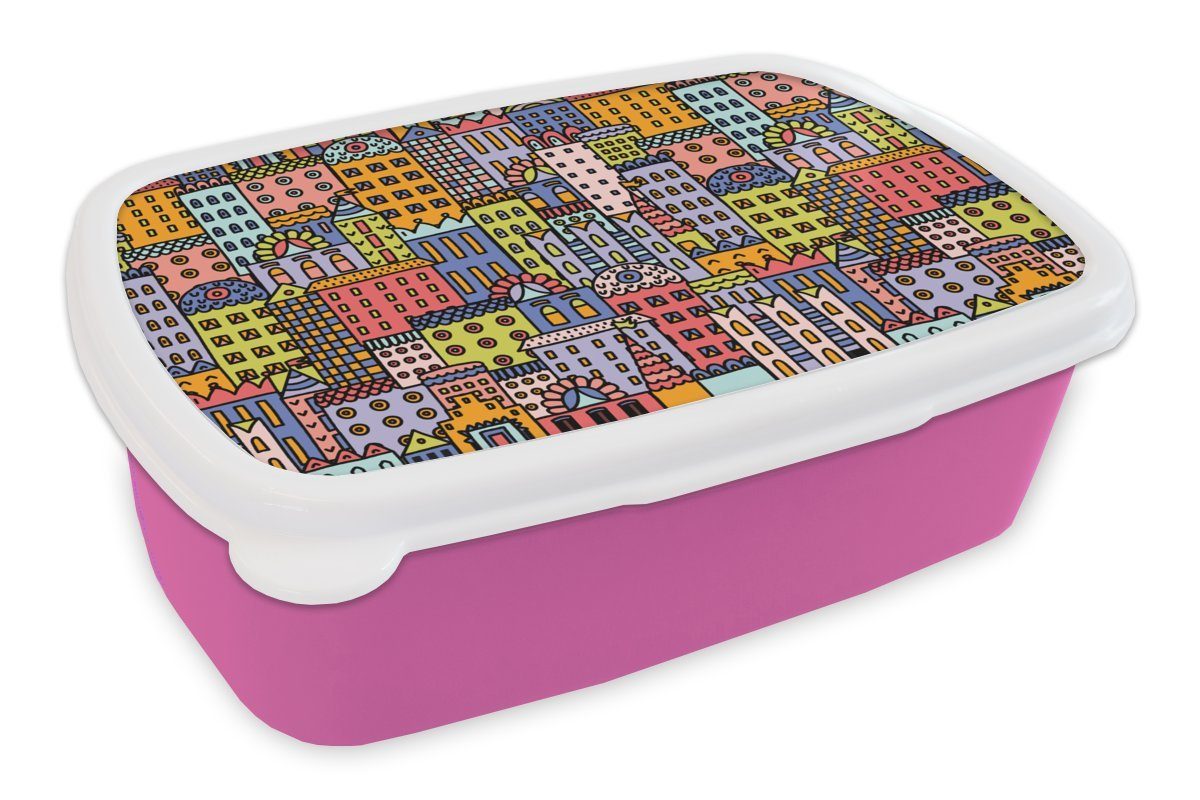 MuchoWow Lunchbox Haus - Regenbogen - Muster, Kunststoff, (2-tlg), Brotbox für Erwachsene, Brotdose Kinder, Snackbox, Mädchen, Kunststoff rosa