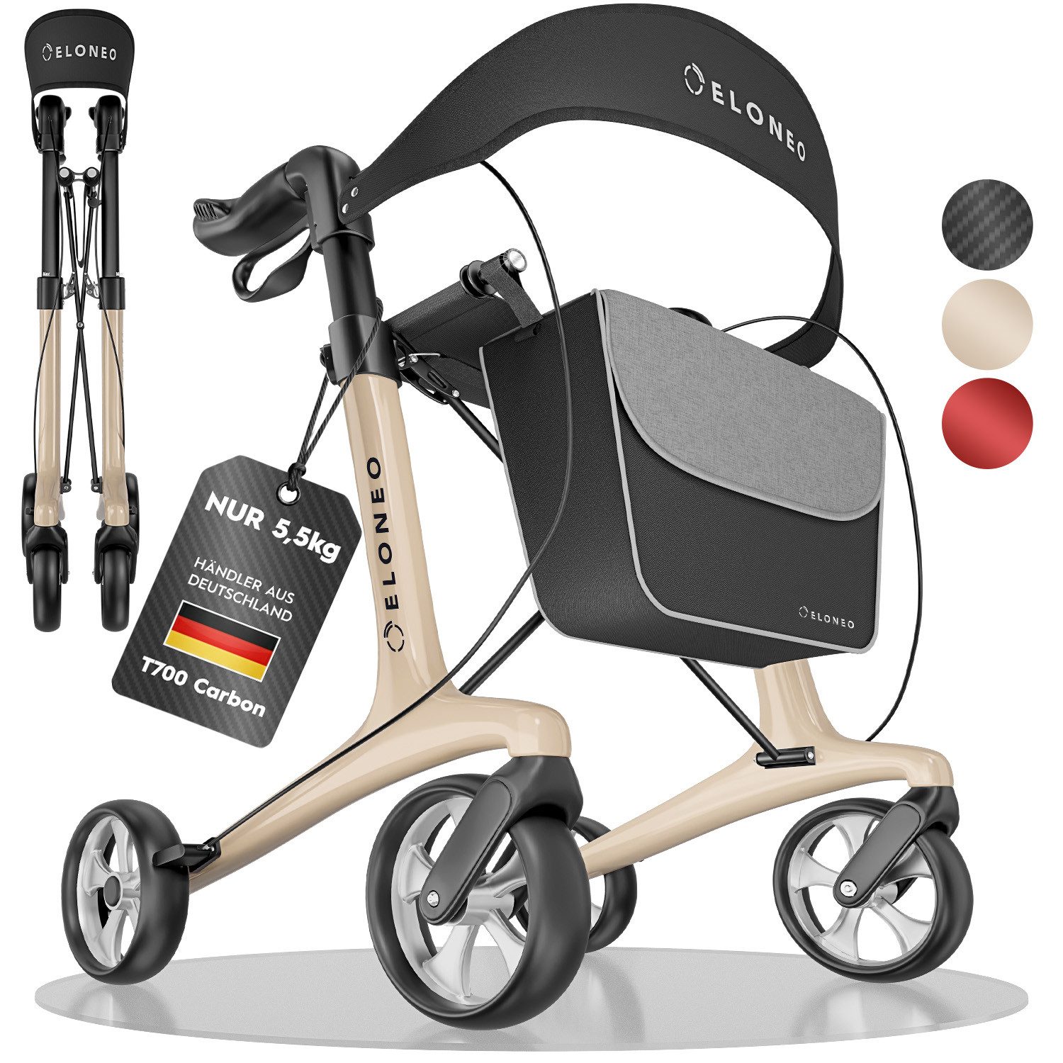 ELONEO Rollator aus Carbon, ultraleicht, faltbar, mit Sitz, Faltbarer Rollator mit Sitz, Rückenlehne, Einkaufstasche