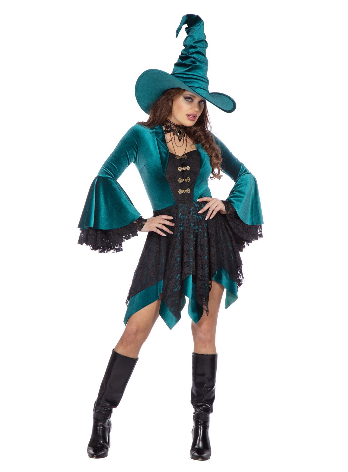 Metamorph Hexen-Kostüm Hexenkleid türkisem Samt - Halloween Kostüm Damen, Auf magische Weise anziehend: märchenhaft schönes Hexenkostüm