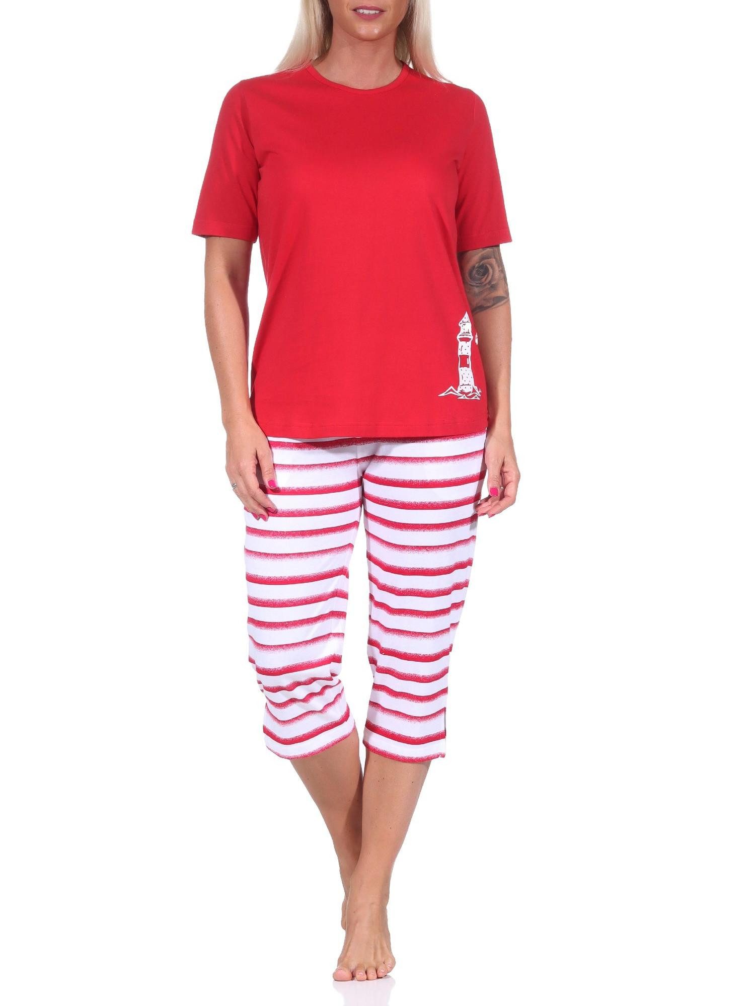 Normann Pyjama Maritimer Damen kurzarm Capri Schlafanzug, Top mit Leuchtturm Motiv