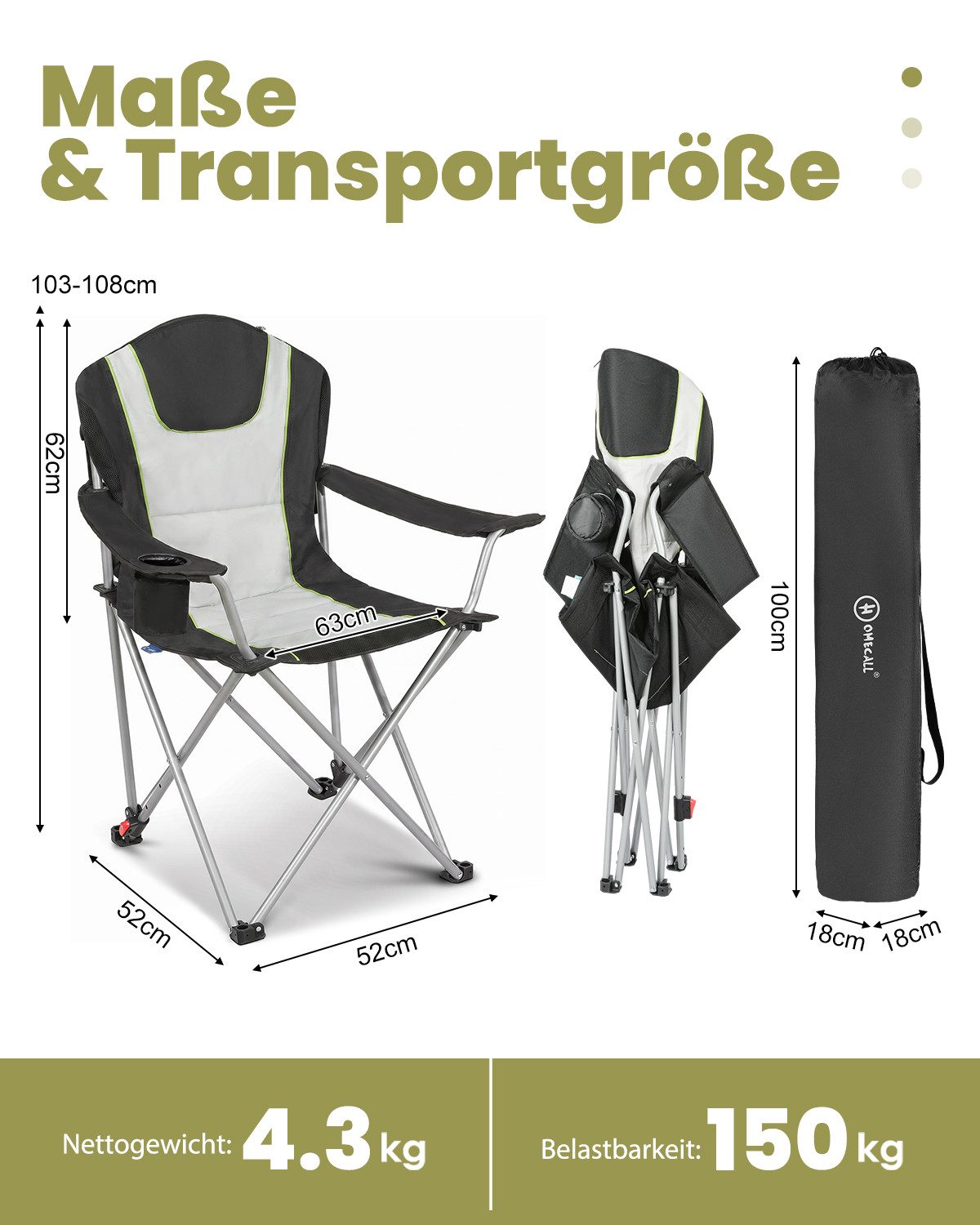 HOMECALL Campingstuhl Angelstuhl faltbar Klappstuhl mit hoher Rückenlehne (Getränkehalter, Gepolstert, bis 150KG, 1 St), 3 fach Verstellbare Rückenlehne