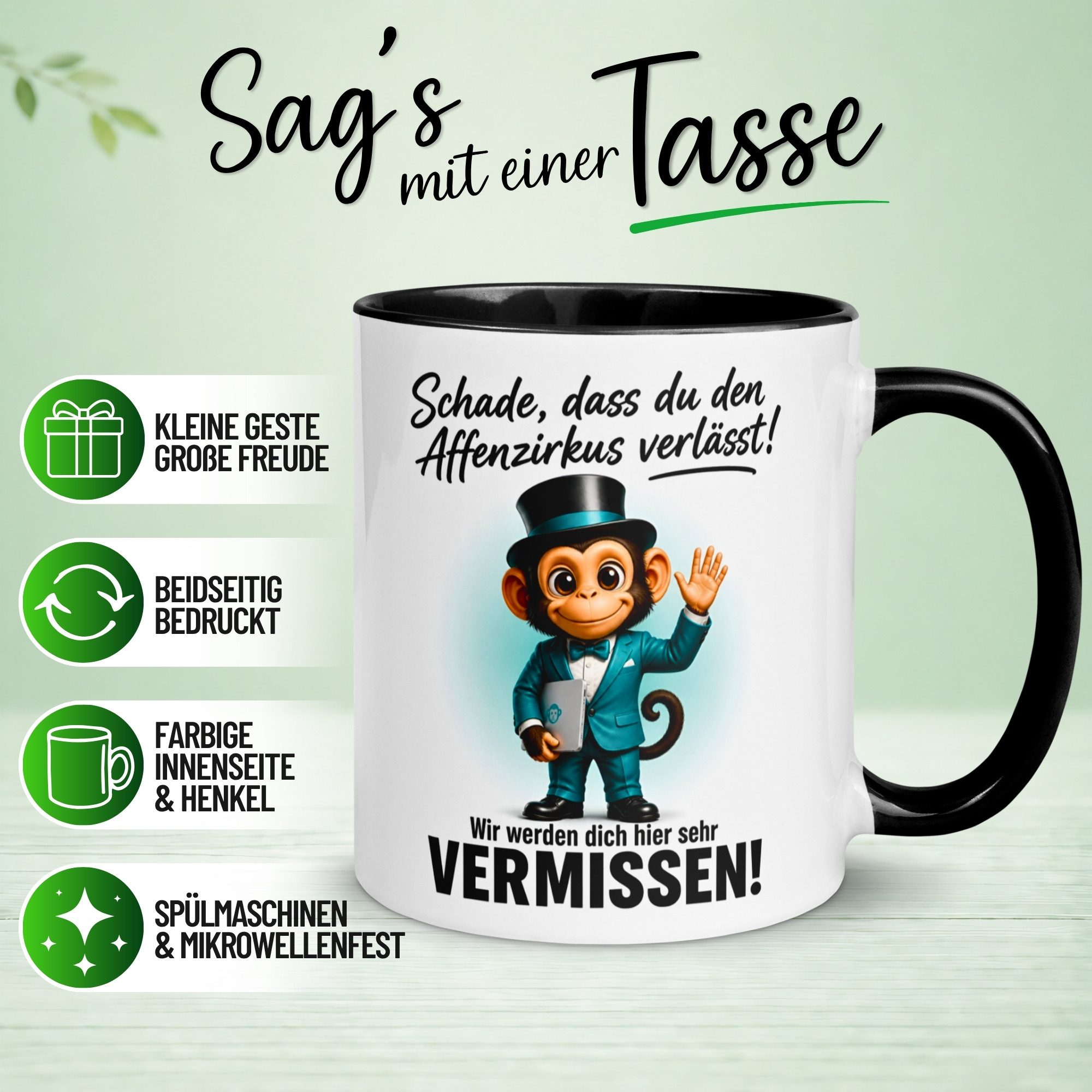 Momentals Tasse Abschiedsgeschenk Kollegen – „Schade dass du den Affenzirkus verlässt“, Gratis Versand · Links-&Rechtshänder · Spülmaschinenfest