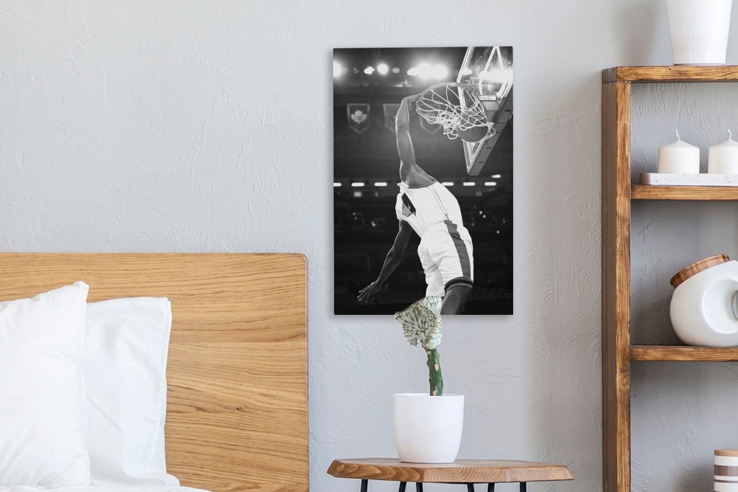 St), schwarz Ein Zackenaufhänger, den bespannt Leinwandbild 20x30 fertig OneMillionCanvasses® Basketballspieler Gemälde, Ball weiß, Korb wirft inkl. (1 Leinwandbild und cm - den in