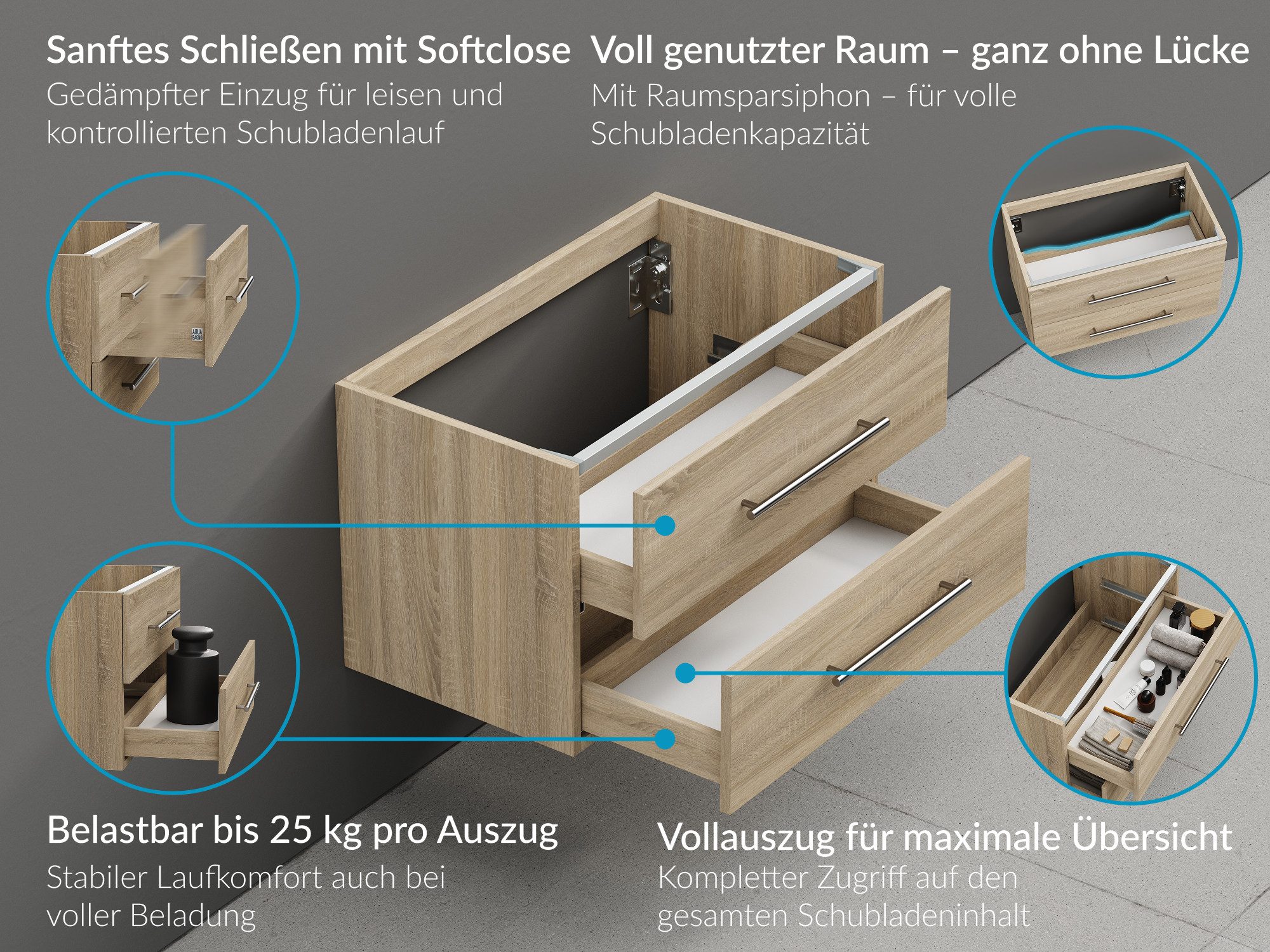 Aqua Bagno Badmöbel-Set Aqua Bagno Flex Badmöbel 101 cm Eiche Gold mit Keramikwaschbecken, (vormontiert, 2-St., Badmöbelschrank lackiert, Trägerplatte, Keramikwaschbecken), einfache Montage, Skandi