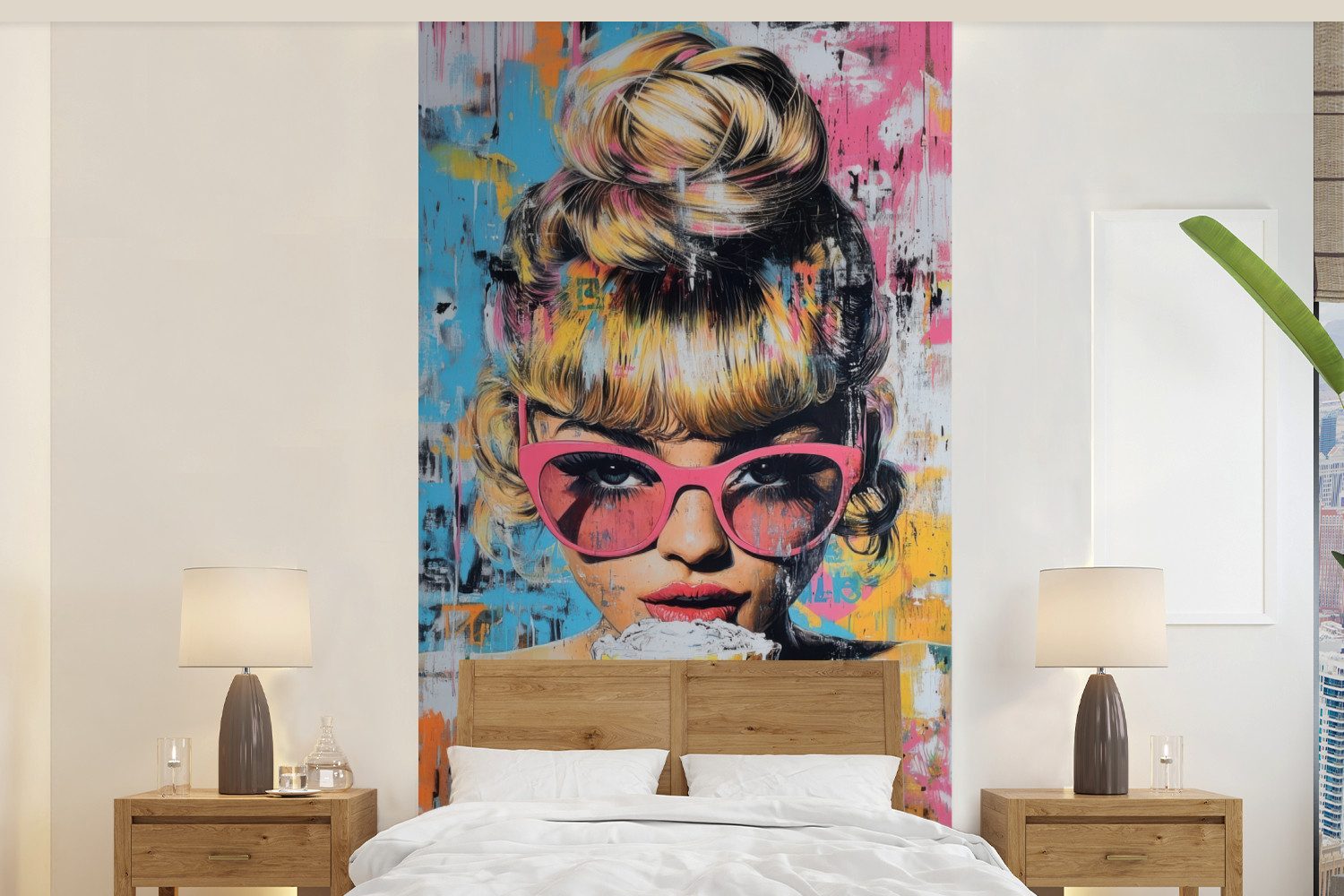 MuchoWow Fototapete Sonnenbrille - Frau - Bunt - Farbspritzer, Matt, bedruckt, Vliestapete für Wohnzimmer Schlafzimmer Küche, Fototapete, 120x240 cm