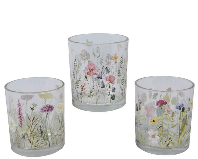 Decoris season decorations Teelichthalter, Teelichthalter Glas mit Blumen 8x9cm bunt 1 Stück sortiert