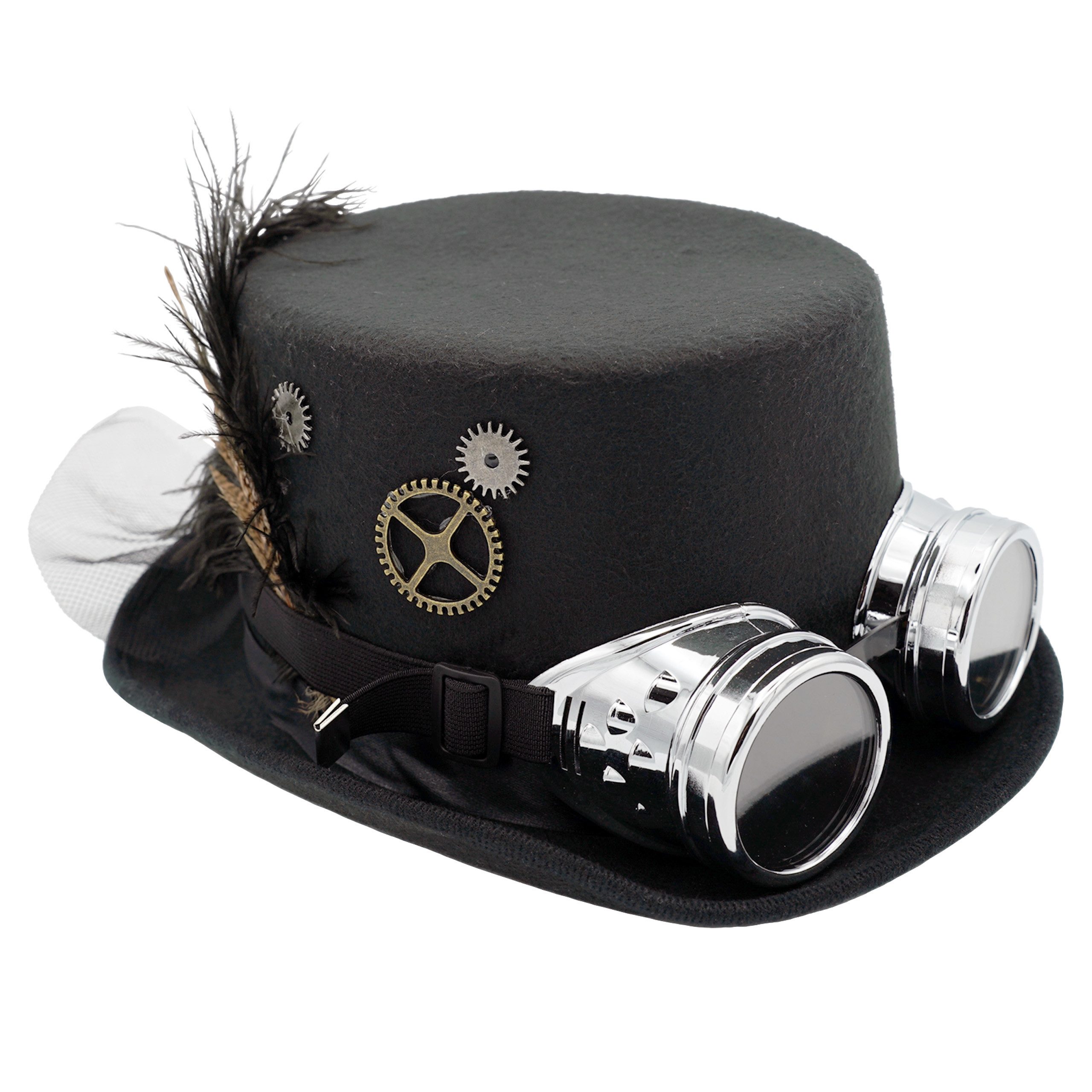 Bock-op-Kölle Zylinder Bock op Kölle Zylinder Hut Steampunk Feder mit Brille schwarz