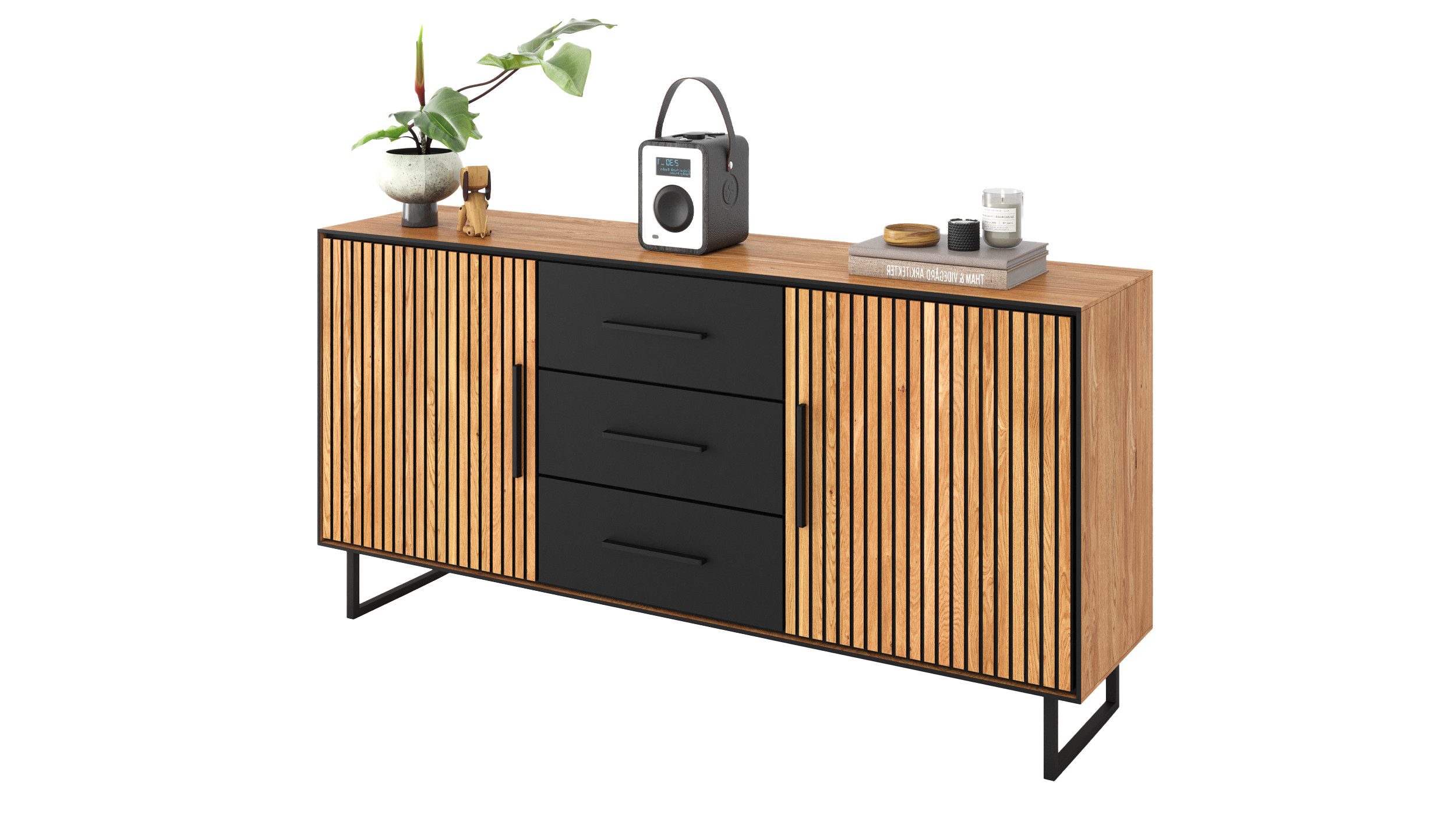 Sideboard BELLA 163 cm / Massivholz Eiche geölt / Metallgriffe schwarz