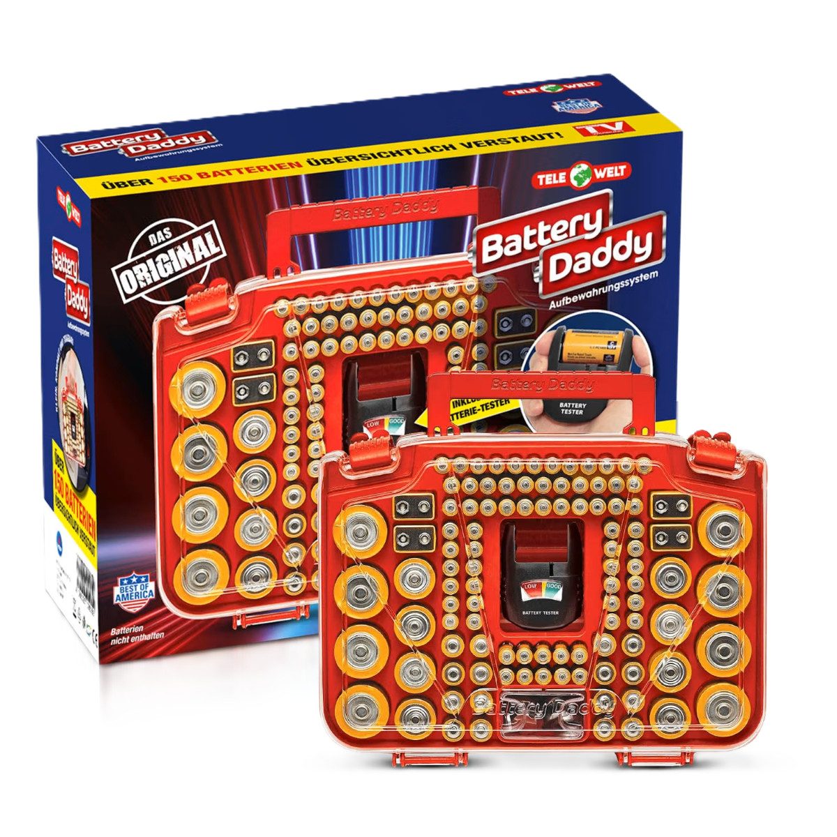 Telewelt Batteriebox Battery Daddy, Für 180 Batterien, Batterietester, Tragegriff, doppelseitig