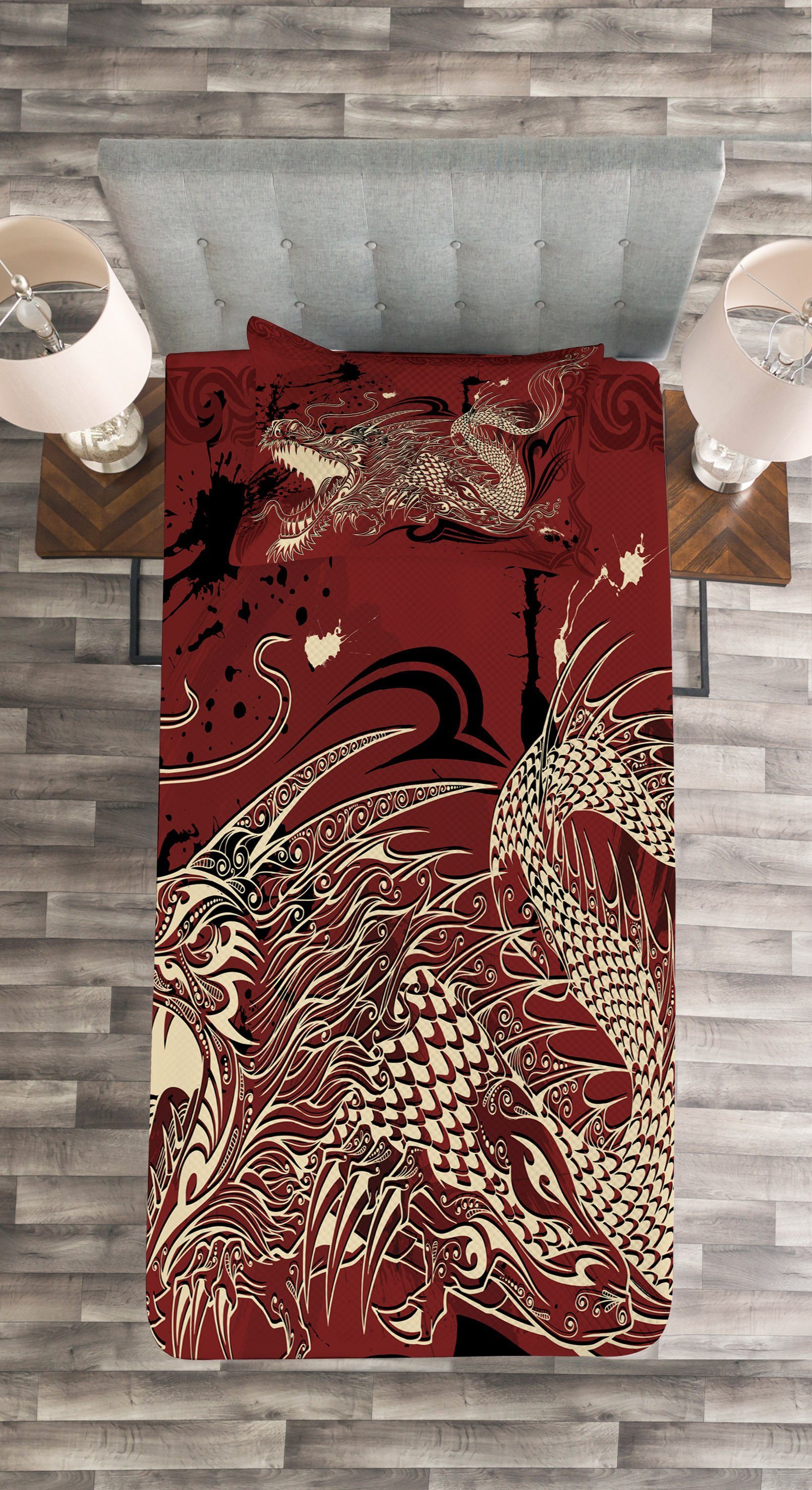 Abakuhaus, Waschbar, Drachen Tagesdecke Japanische mit Set Kissenbezügen Doodle orientalisch