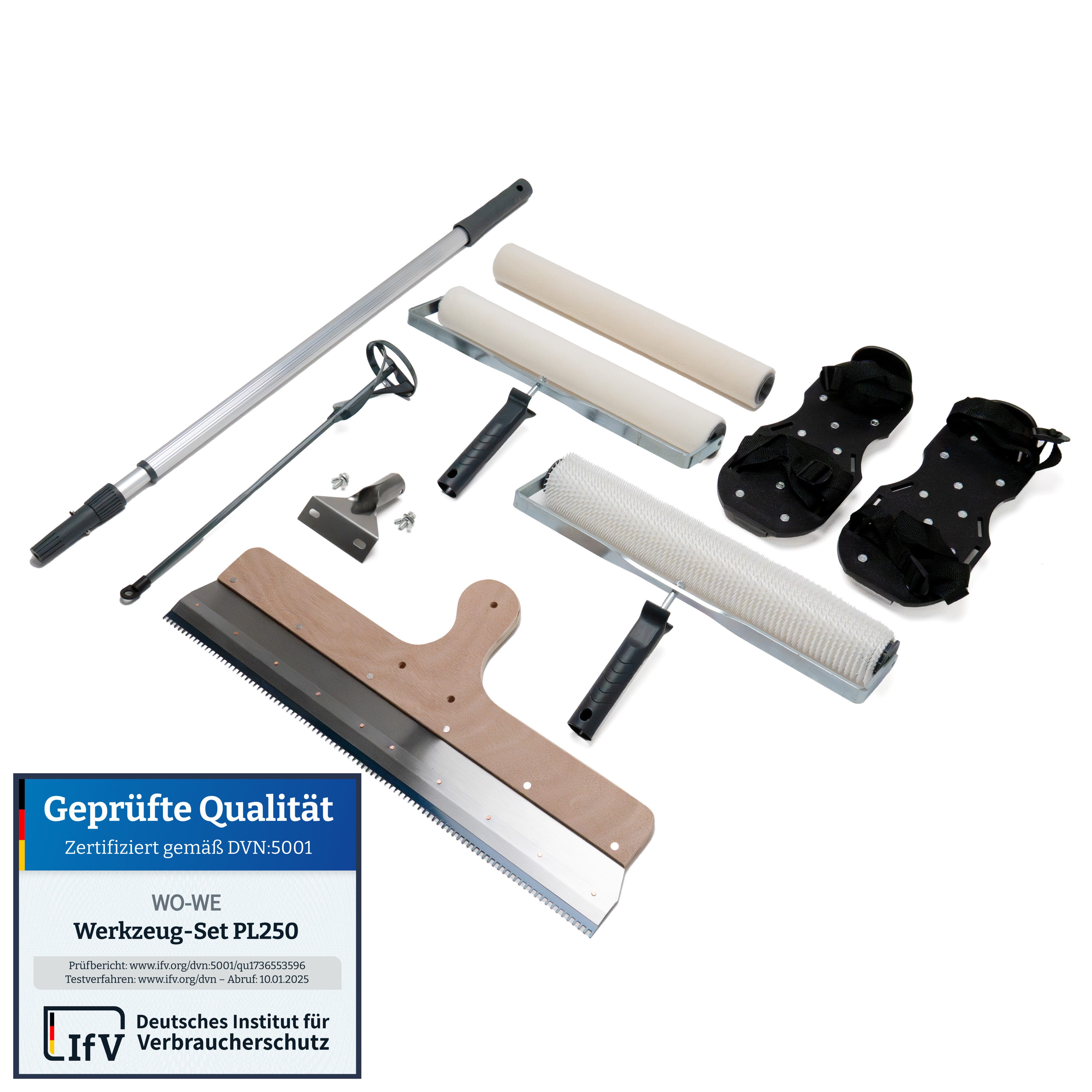 Entlüftungsrolle 40cm + Bodenbeschichtungswalze 40cm und Ersatzrolle + Stehrakel + Rührquirl + Nagelschuhe + Teleskopstiels