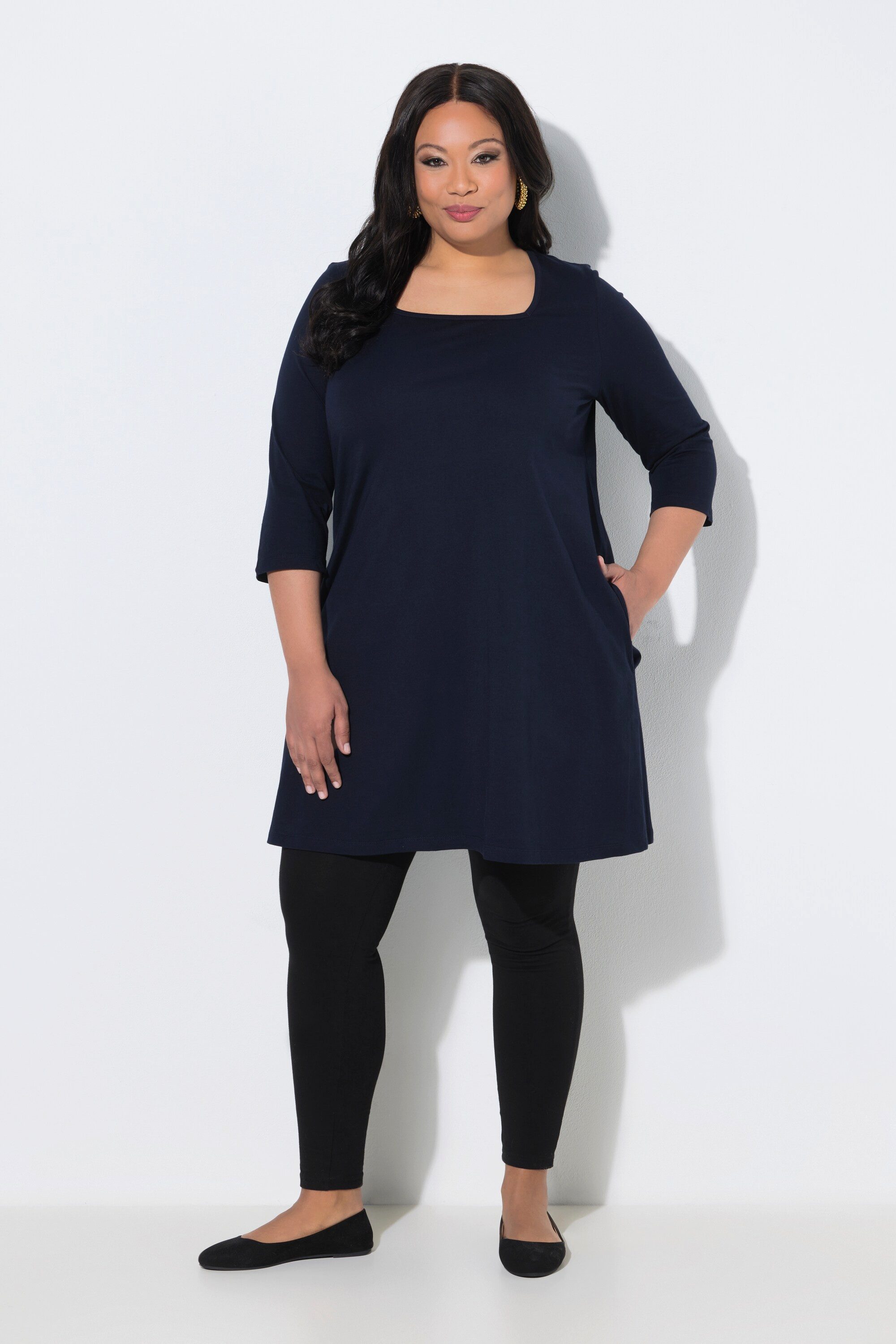 Longshirt Longshirt A-Linie Carré-Ausschnitt 3/4-Arm