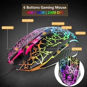 ZIYOU LANG Gaming mit Handballenauflage, QWERTZ Deutsches Layout Regenbogen Tastatur- und Maus-Set, Ergonomische Keyboard6Tasten 2400DPI Maus,Mauspad für Windows Mac PS4