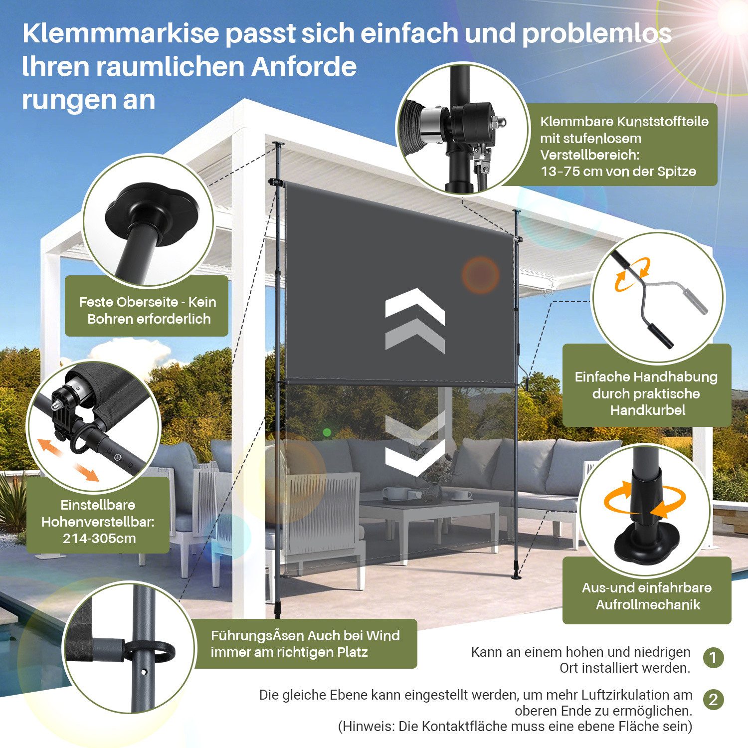 Clanmacy Senkrechtmarkise Klemmmarkise Außenrollo Balkon Sichtschutz Sonnenschutz mit Handkurbel ohne Bohren, mit Handkurbel, 120/150/200 x 270 cm – Bild 5 von 5