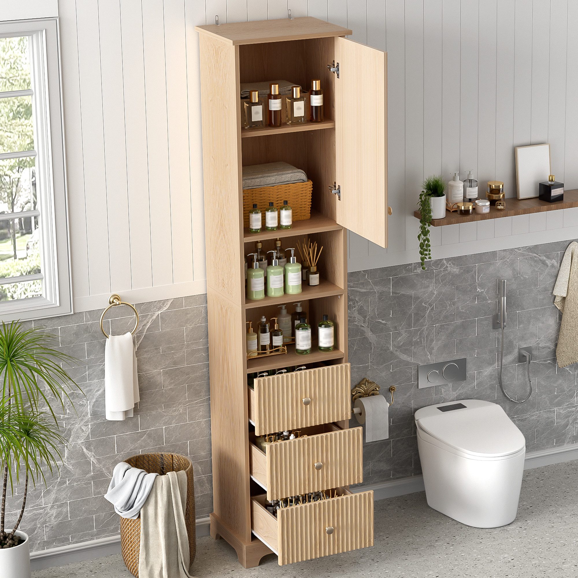 REDOM Hochschrank Badezimmerschrank (mit vertikalem Streifenmuster Natural, 1-St., 40 × 30 × 172 cm)