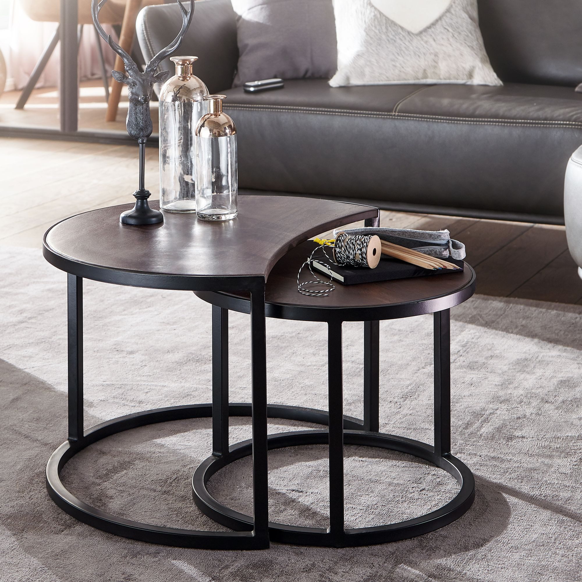 Couchtisch FB25166 Set 2er Massivholz rund Schwarz Wohnzimmertisch Satztische