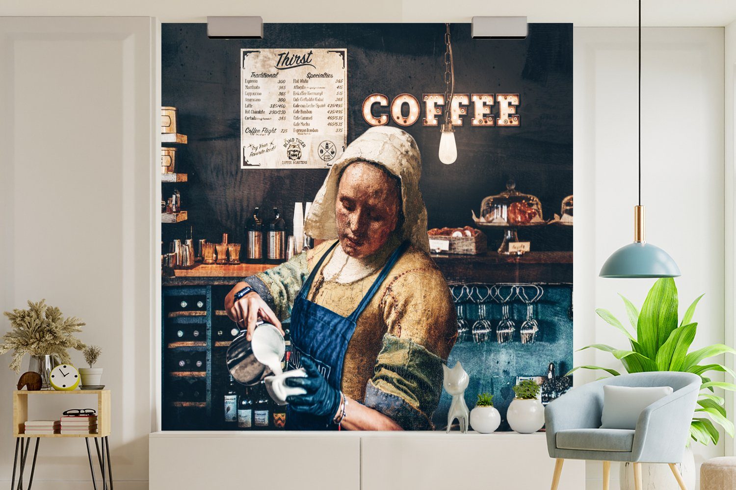 - Vermeer Vinyl Fototapete Schlafzimmer, (5 Wohnzimmer bedruckt, - oder MuchoWow _, - Milchmädchen Barista Tapete Matt, Kunst - Kaffee St), für - Cappuccino Wandtapete