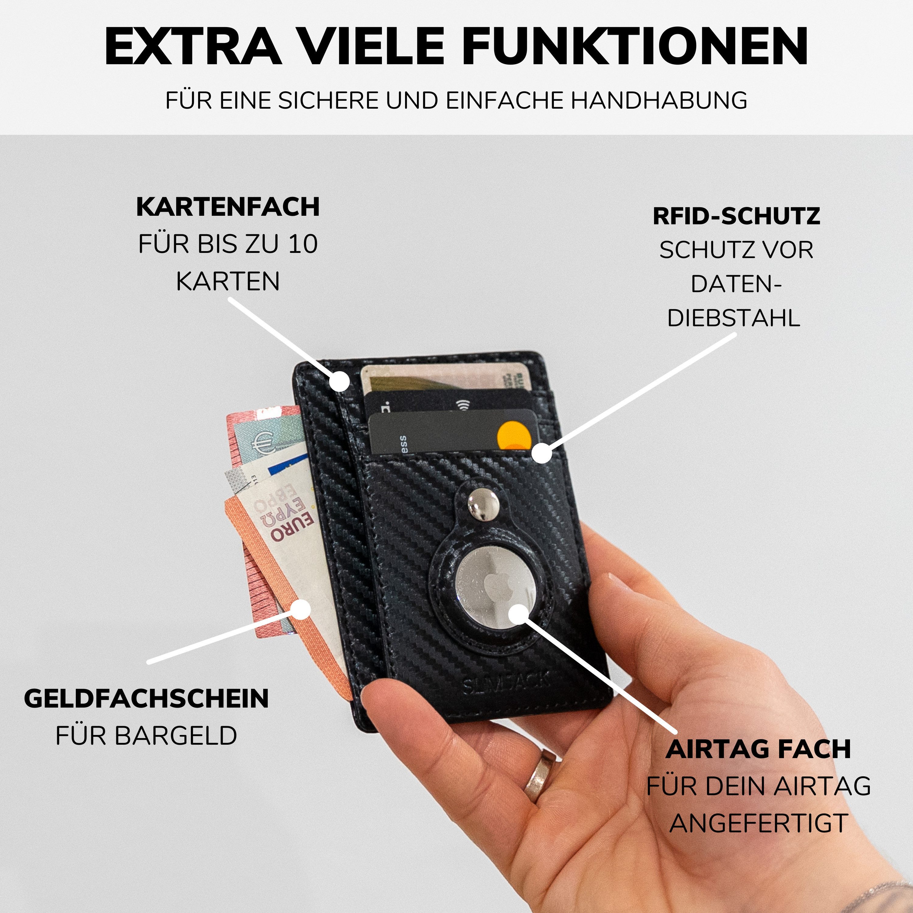 SLIMJACK Mini Geldbörse Apple AirTag Wallet - Herren - echt Leder - RFID-Schutz - Cardholder (Slim Wallet), - Kleiner Geldbeutel - Portemonnaie - Kartenhalter - Kreditkartenetui