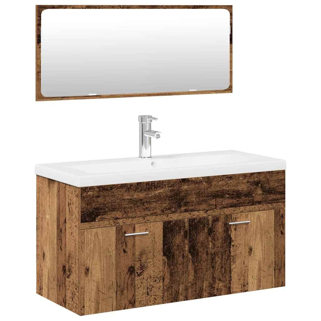 Badezimmer-Set 3-tlg. Badmöbel-Set Altholz-Optik Holzwerkstoff