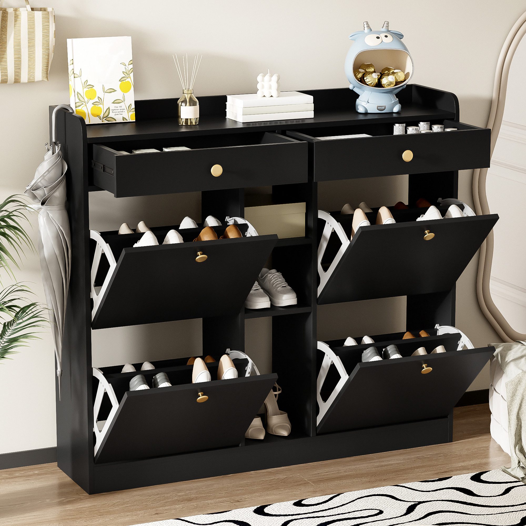Merax Schuhschrank mit 4 Klapptüren, 2 Schubladen & 3 offenen Fächern (1-St) Kommode Schrank Schuhkommode Schuhregal, 110x26x100 cm