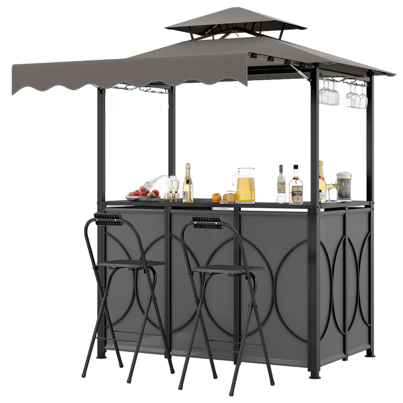 COSTWAY Grillpavillon, 3-teiliges Bar-Set, Gartenpavillon mit 2 Barhockern