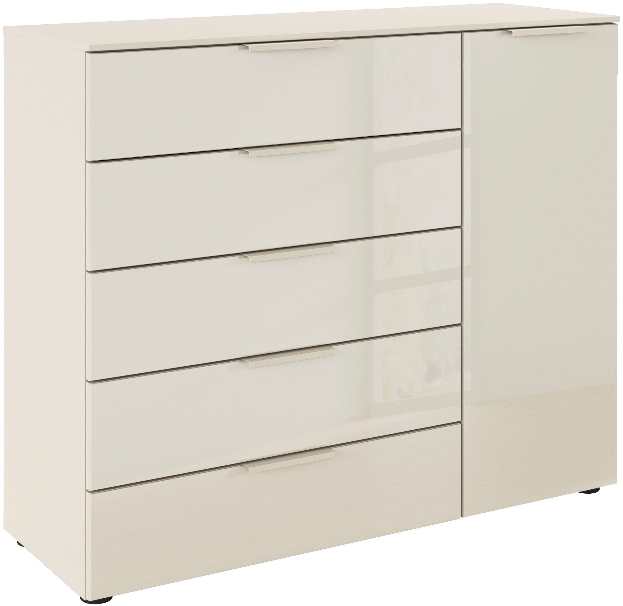 rauch Schubkastenkommode Kommode Türkommode Sideboard Kombikommode FLIPP mit Glasfront (Breite 120 cm mit 2 Einlegeböden), 1-türig mit 5 Schubladen und Soft-Close-Funktion sowie Glasfront