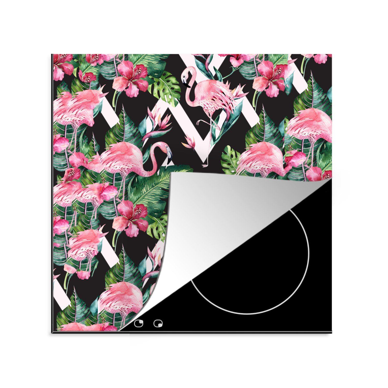 MuchoWow Herdblende-/Abdeckplatte Flamingo - Blumen - Blätter - Muster, Vinyl, (1 tlg), 78x78 cm, Ceranfeldabdeckung, Arbeitsplatte für küche