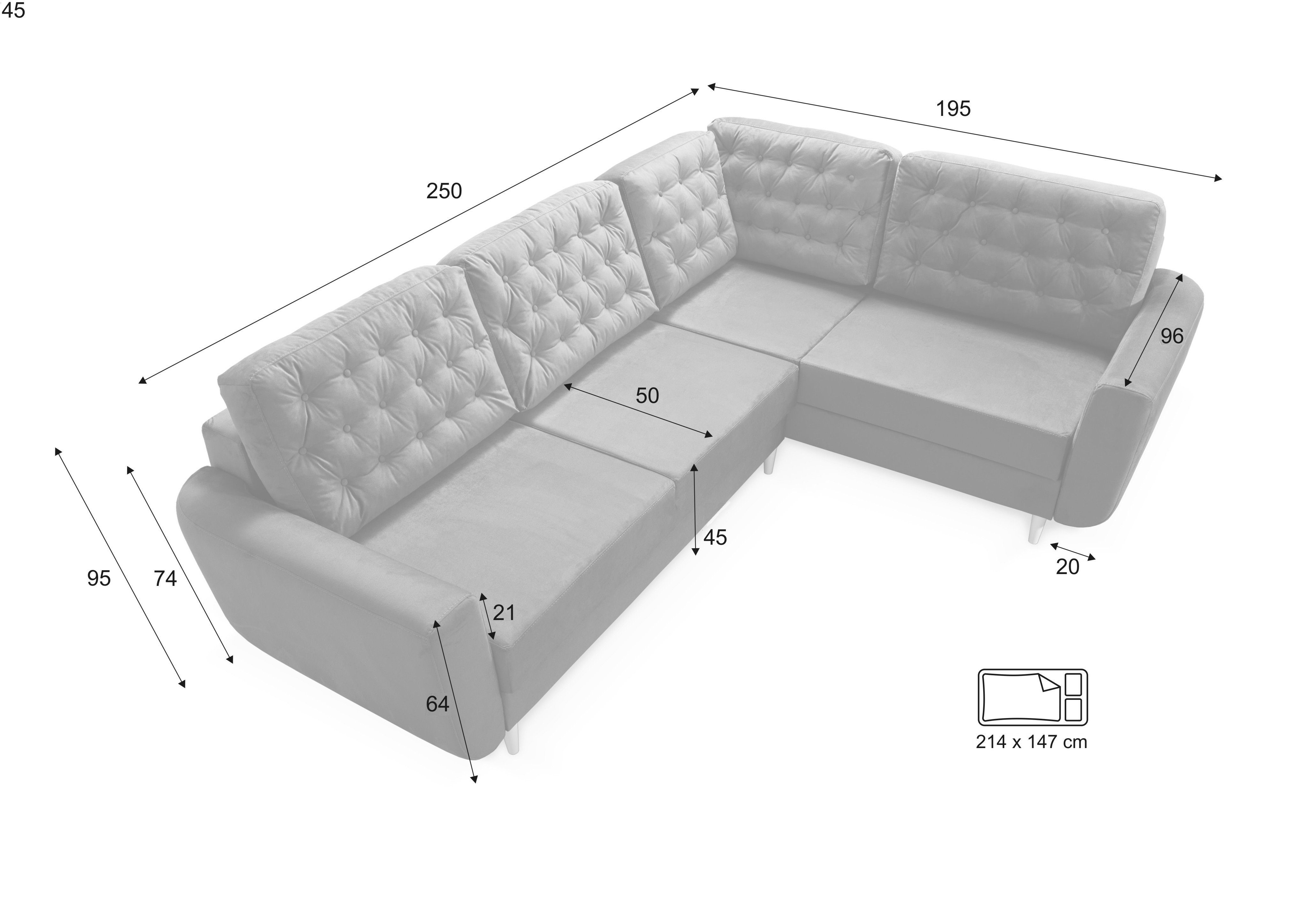 Sofa Bettkästen COBALT robin L-Form mit Sofa Schlaffunktion, 2 Kissen &