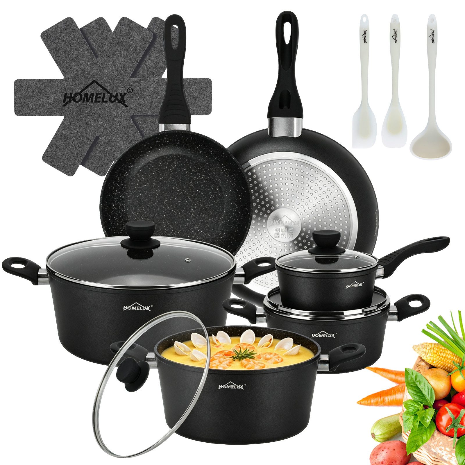 HOMELUX Topf-Set Induktions Töpfe Set Classic Antihaftbeschichtung Kochtopfset, Aluminium (Kochgeschirr-Set, 15-tlg., 3x Kochtopf, 2x Bratpfanne,1x Saucentopf,4x Glasdeckel,5x Zubehör), Induktionsgeeignet