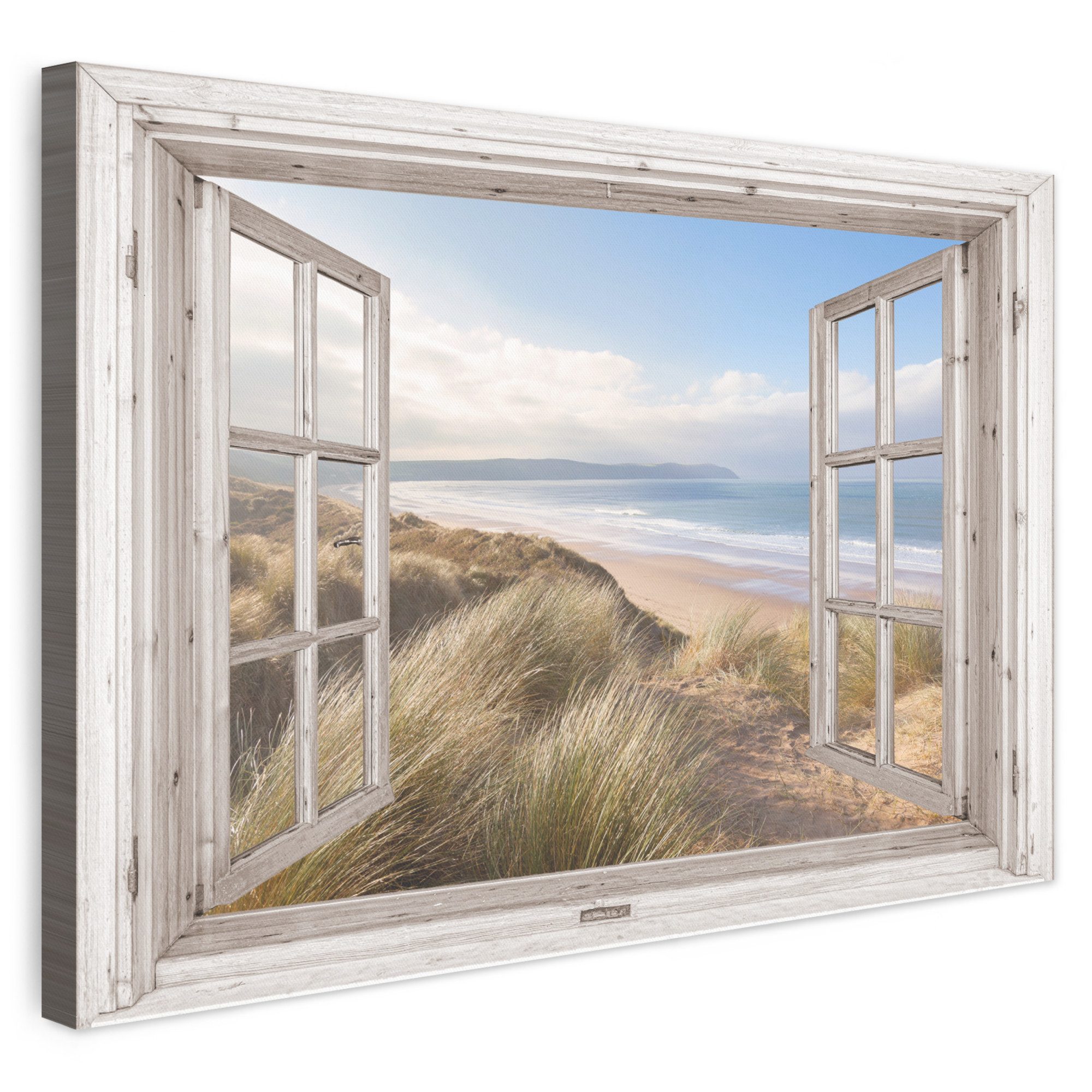 OneMillionCanvasses® Leinwandbild Durchblick - Strand - Meer - Dünen - Strandgras - Sand - Blau, Fotodruck (1 St), Leinwand Bilder Klein, Wand Dekoration Aesthetic 30x20 cm