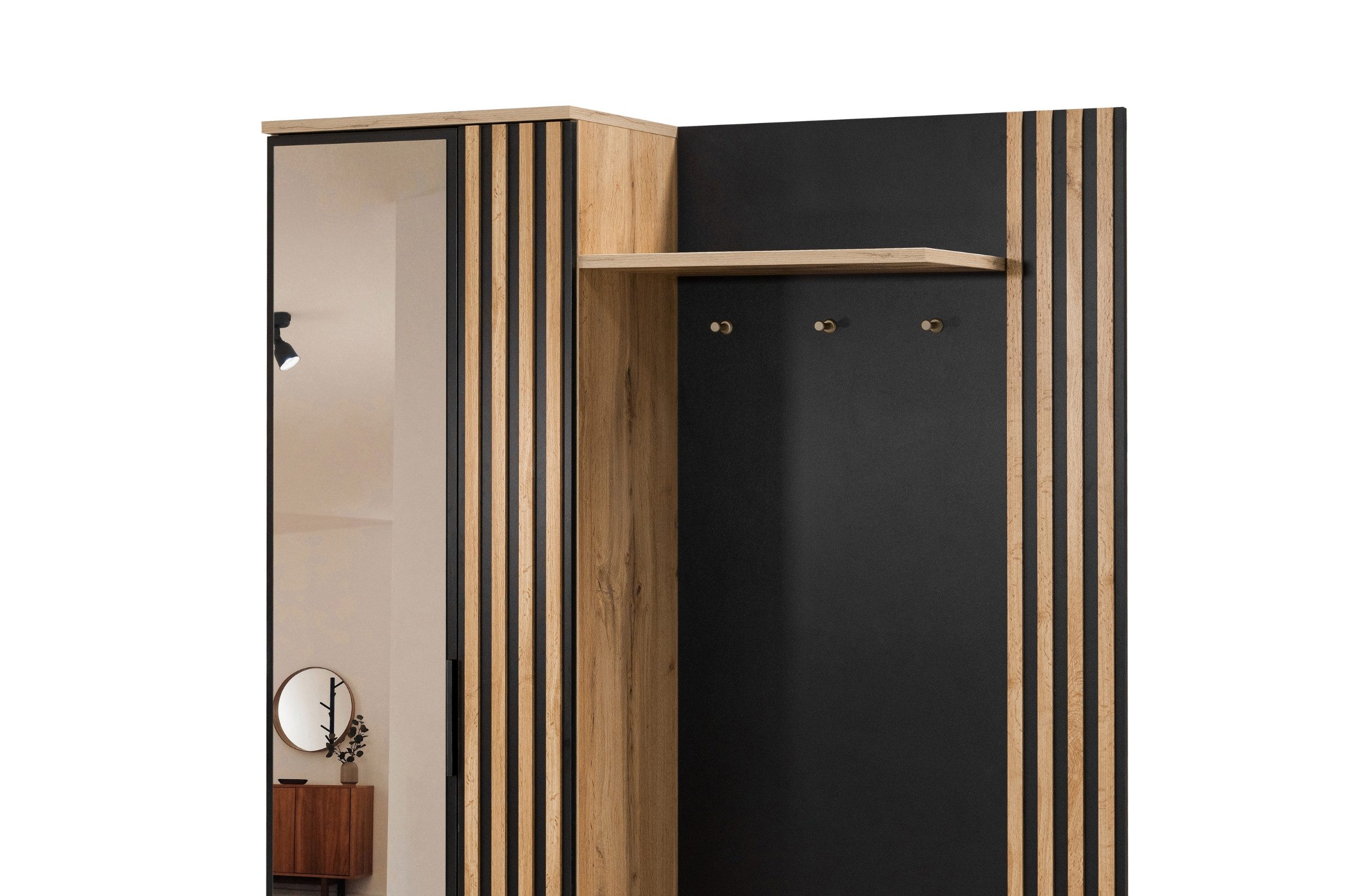 Deine Möbel 24 Garderobenschrank MILANO Garderobe Flurgarderobe Garderoben-Set mit Spiegel (2-St., Eiche Wotan + Schwarz / ganz Weiß matt)