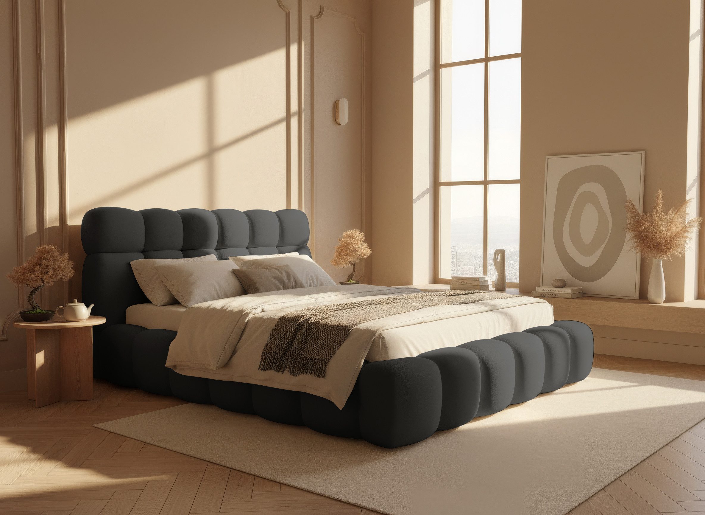thematys Polsterbett mit Bettkasten, CLOUD 140x200 160x200 180x200 200x200cm (Kopfteil im Oversize-Look und Stauraum – weich, modern und pflegeleicht), hochwertiger Davis-Stoff in Grafit, Grau, Weiß, Beige und Kreme
