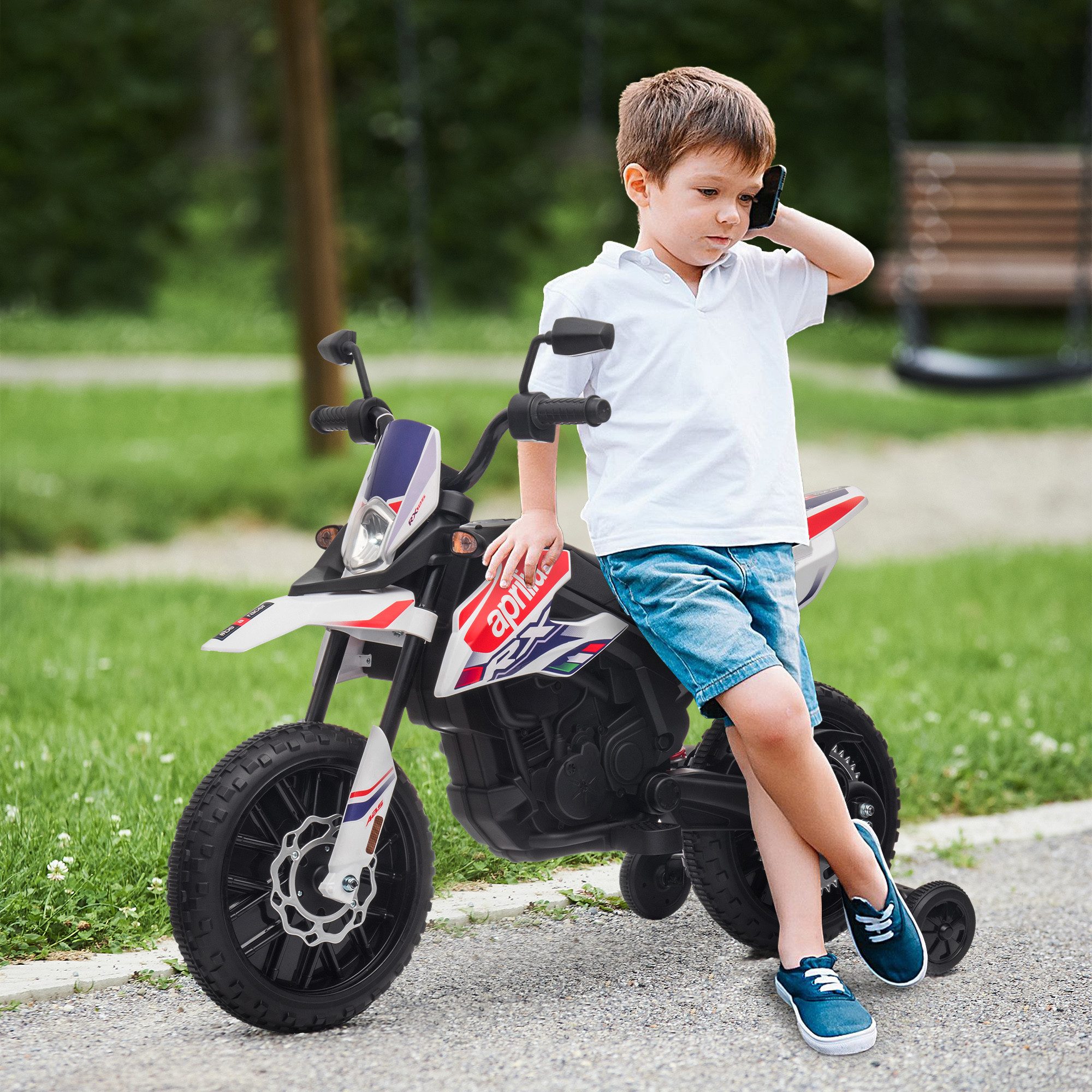 AIYAPLAY Elektro-Kindermotorrad 12V, mit Musik, 6 km/h, mit abnehmbar Trainingsrädern, Belastbarkeit 30 kg, (1-tlg), 12 Zoll Kunststoffreifen, für 3-8 Jahre Kinder, max. 30 kg, Weiß