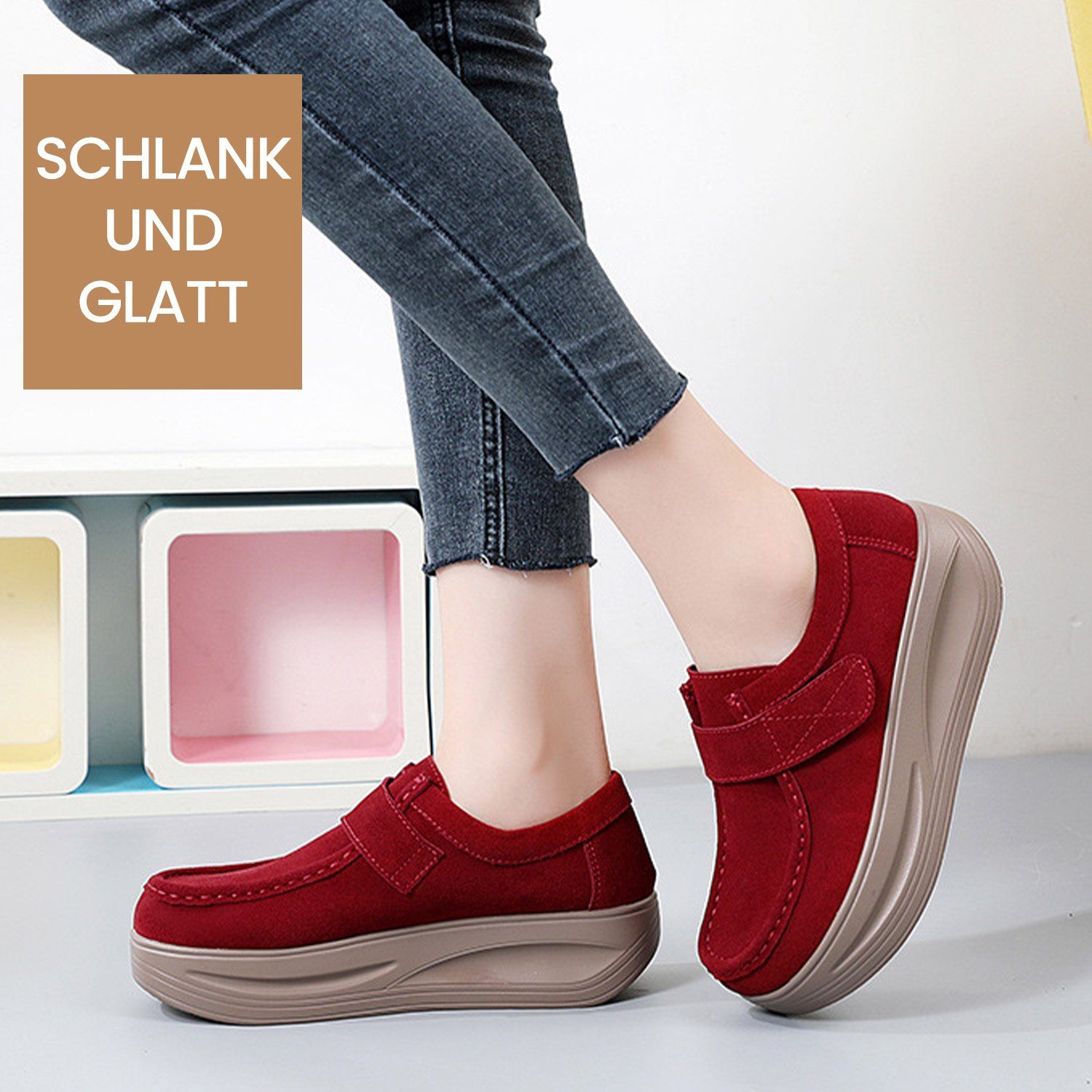 Damen Plateauschuhe Mit Klettverschluss Daisred Wedge-Sneaker Loafer Rot