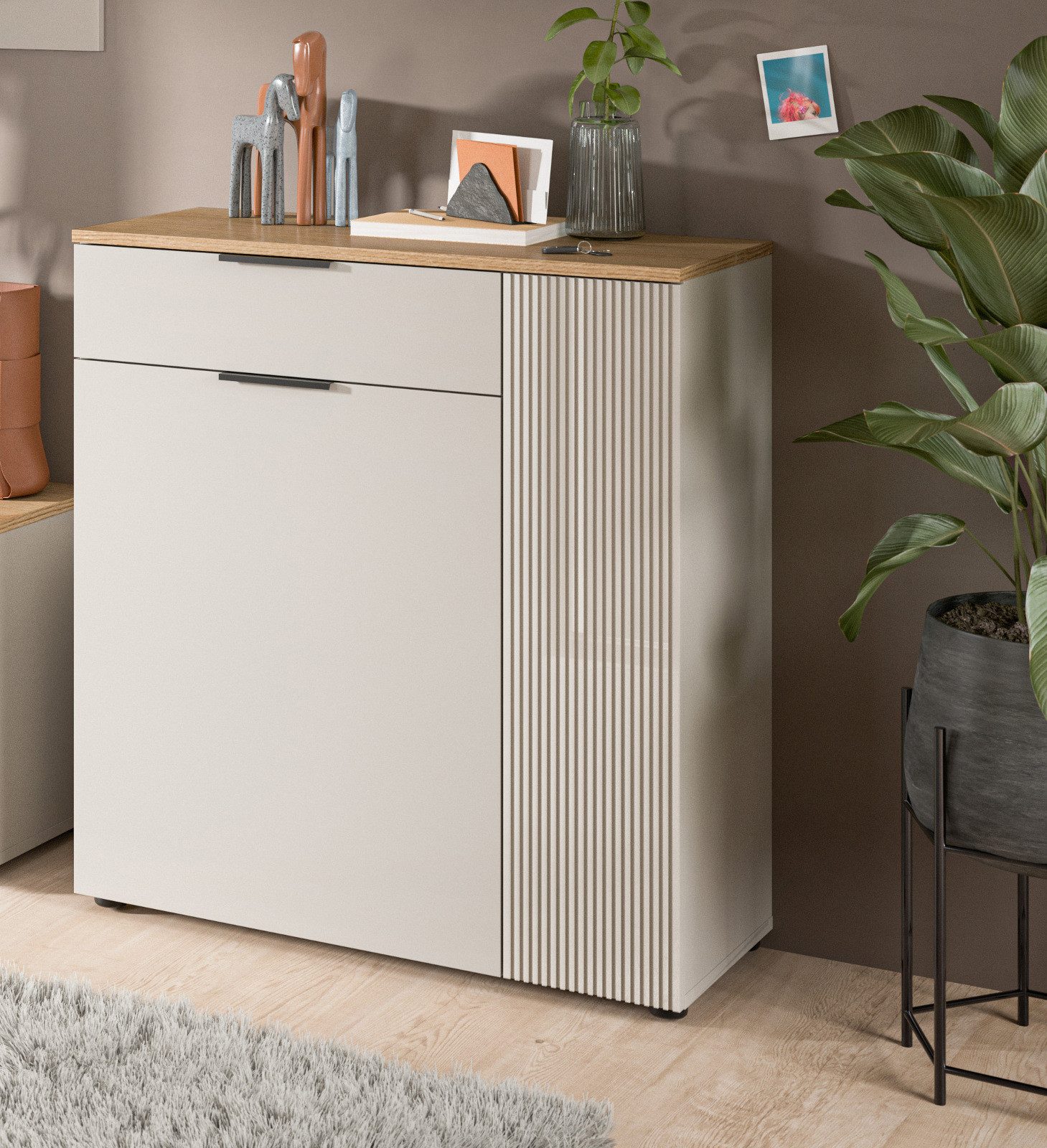 Inn.Furn Schuhkommode Skid (Kommode in Kaschmir Sand mit Eiche, 80 x 88 cm), Vollauszug und Fräsungen