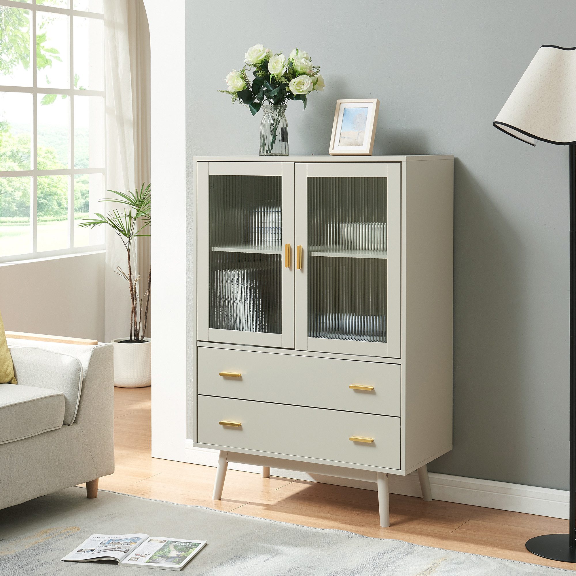 en.casa Vitrine »Susa« mit 2 Türen und 2 Schubladen 120 x 80 x 40 cm Beige