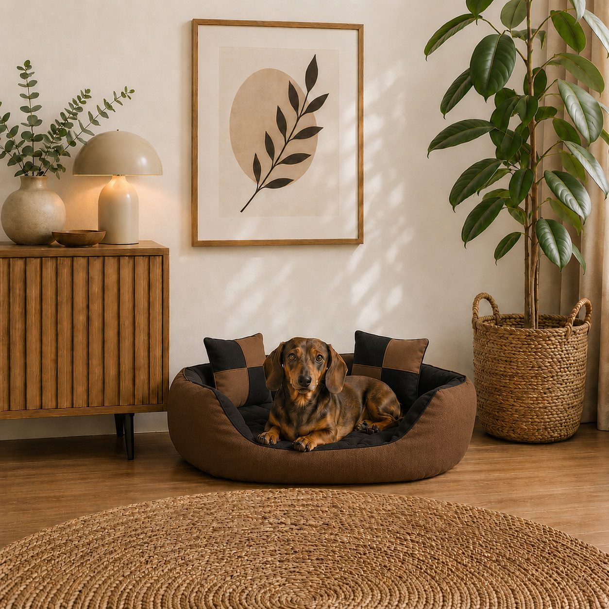 belviona Tierkissen, Hundekörbchen wasserabweisend, 65x50 cm, schwarz/braun, Oxford, Hundebett mit Wendekissen, tiefer Einstieg & 2 Spielkissen