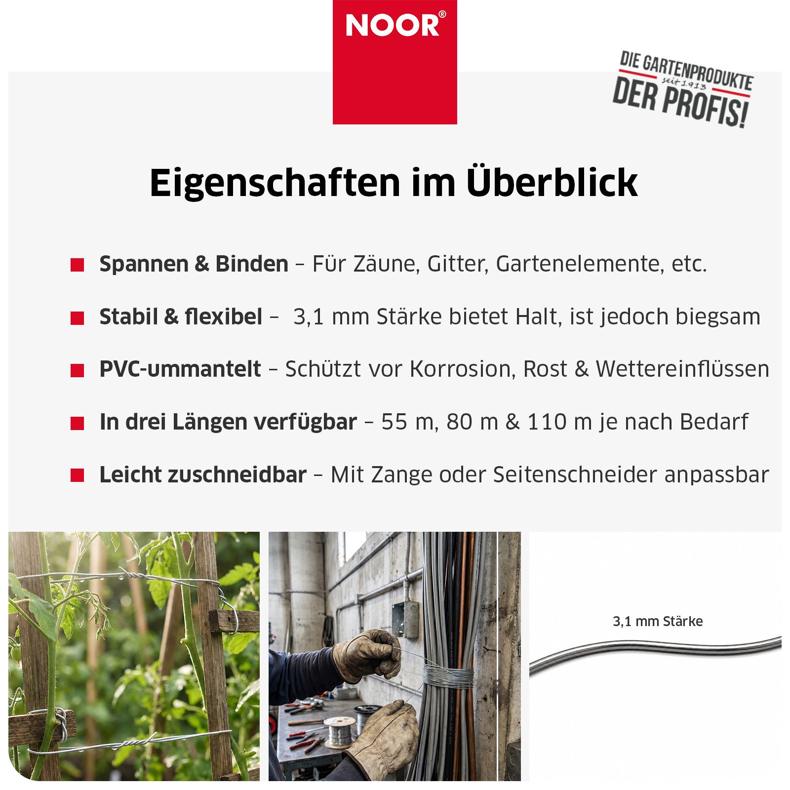 NOOR Bindedraht Bindedraht - Pflanzenfixierung / Zaunbefestigung - verschiedene Längen, Robuster Drahtzaun - flexibel einsetzbar für Garten & Tierbereiche